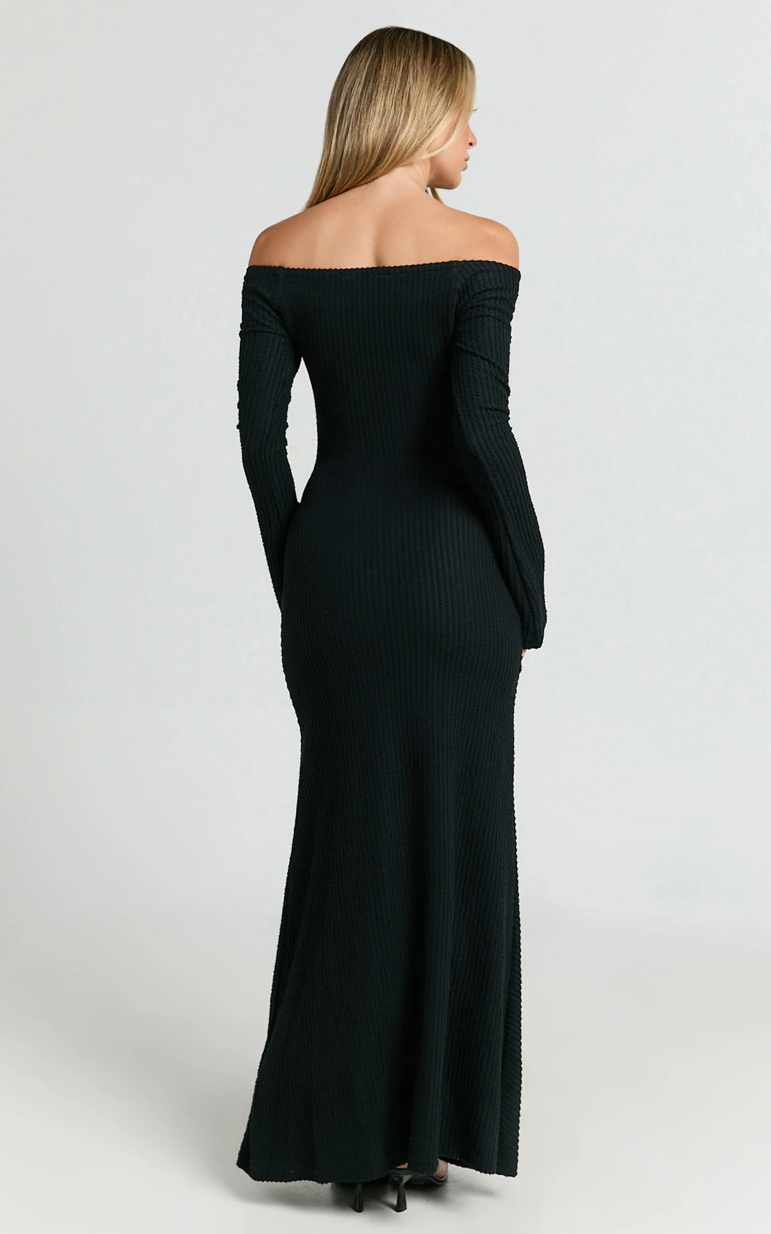 Ayla Maxi Dress - Off Shoulder Flared Sleeve Bodycon Dress in Black - Image 6