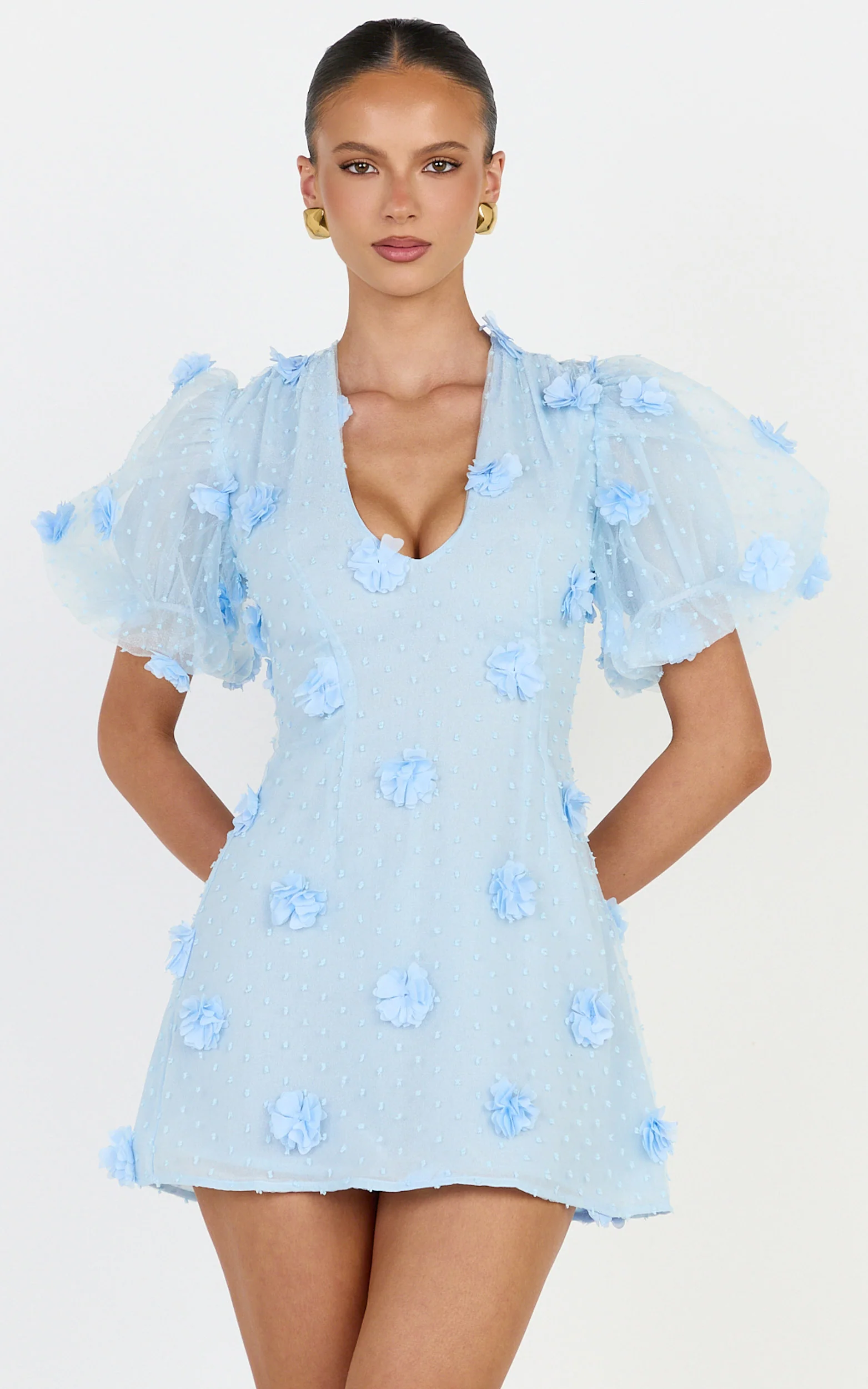 Azalea Mini Dress - Puff Sleeve 3D Floral A Line Dress in Blue - Image 3