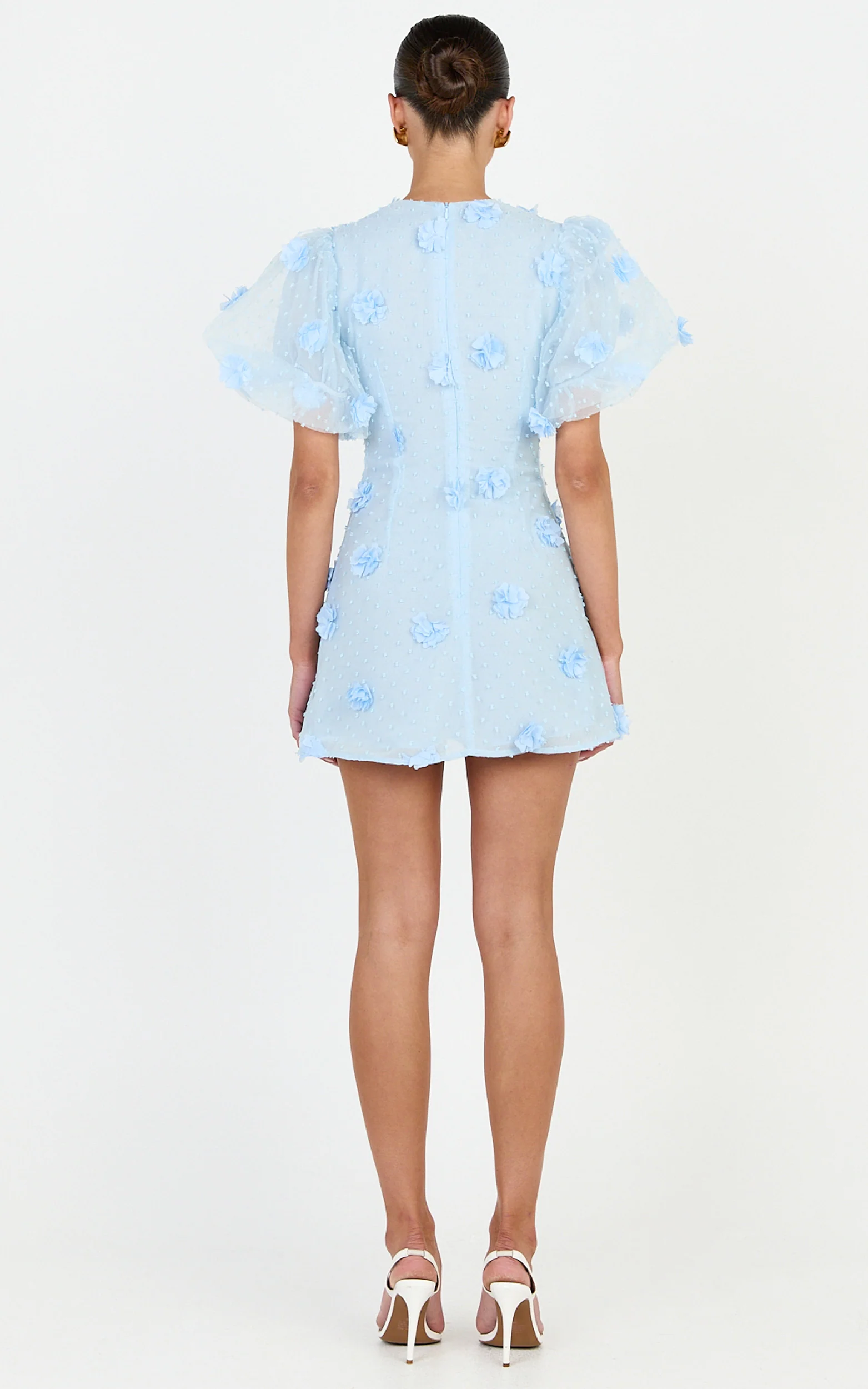 Azalea Mini Dress - Puff Sleeve 3D Floral A Line Dress in Blue - Image 5