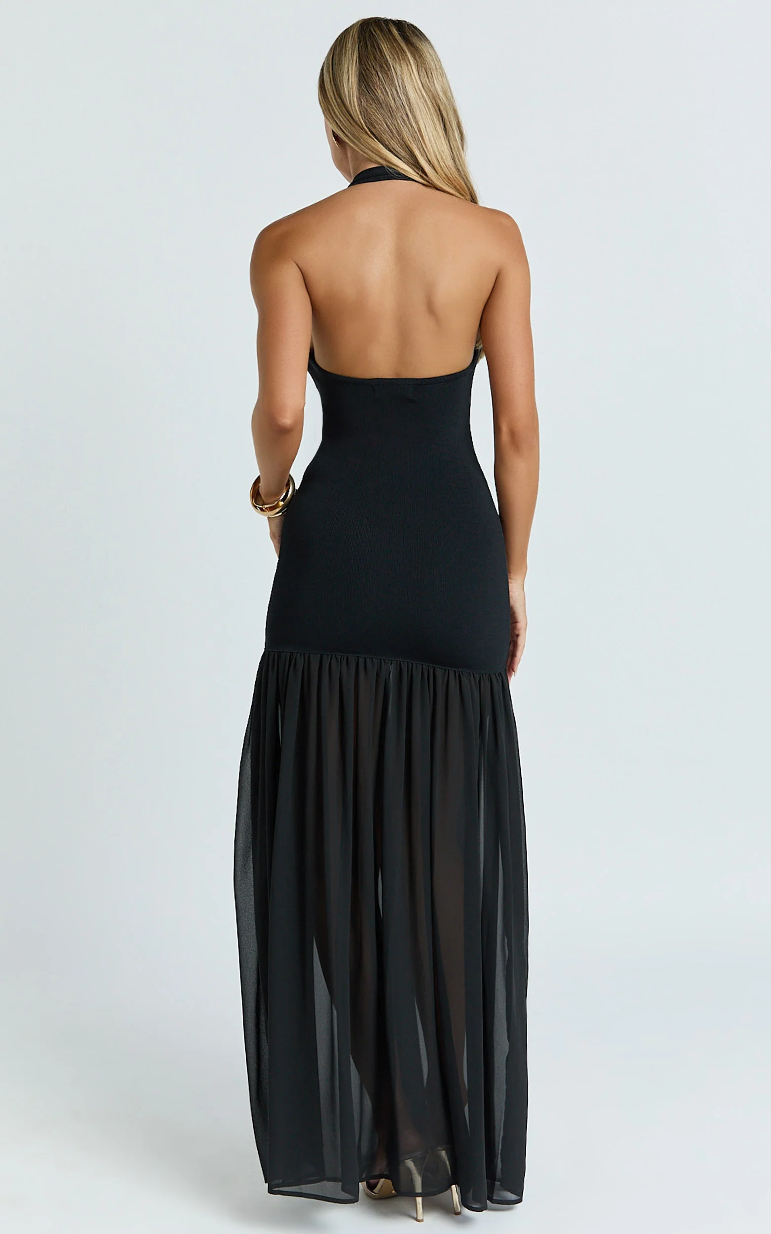Barbara Maxi Dress - Halter Scoop Neck Contrast Georgette Dress in Black - Image 5