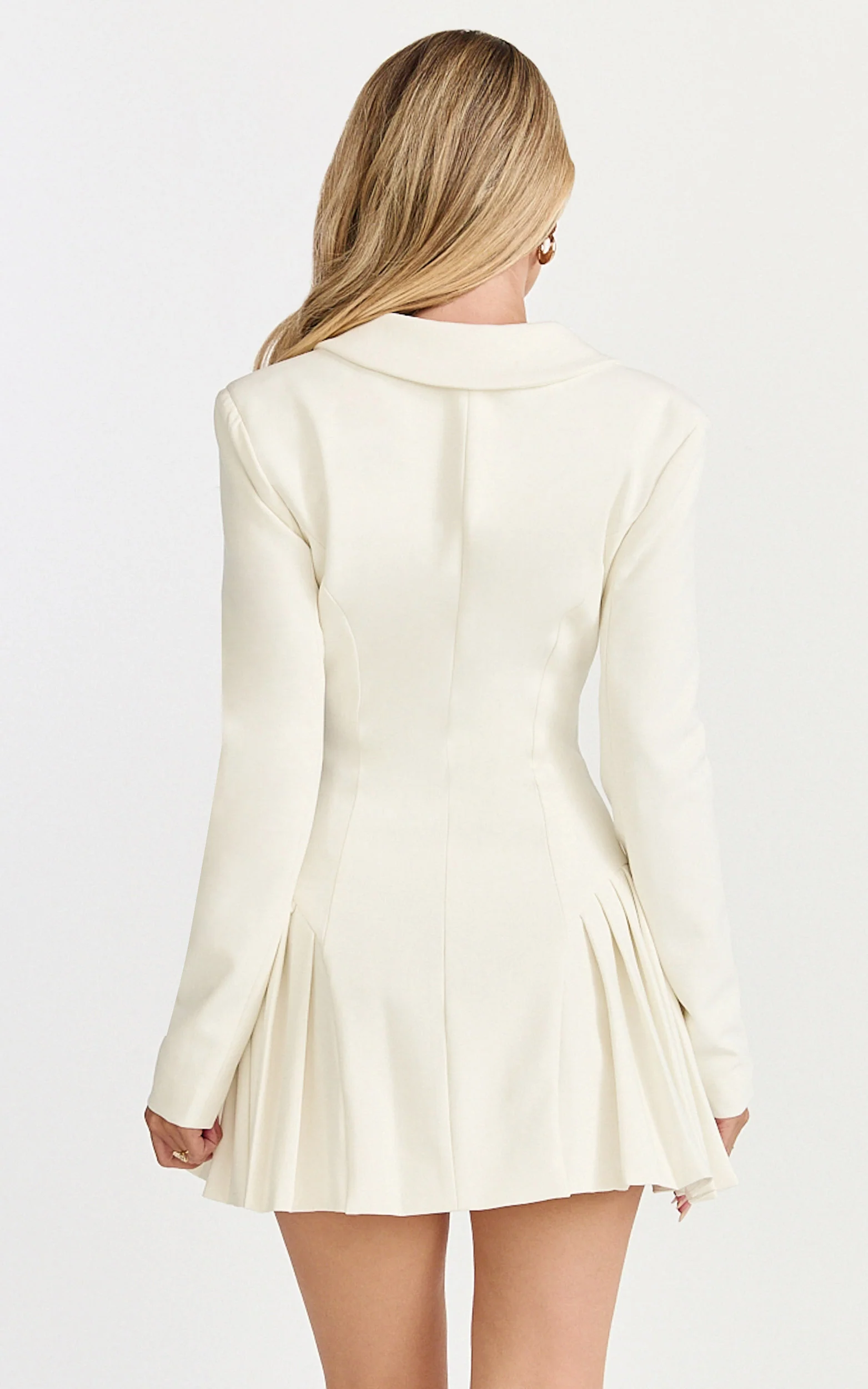 Bea Mini Dress - Collared Long Sleeve Fit And Flare Pleated Dress in Cream - Image 5