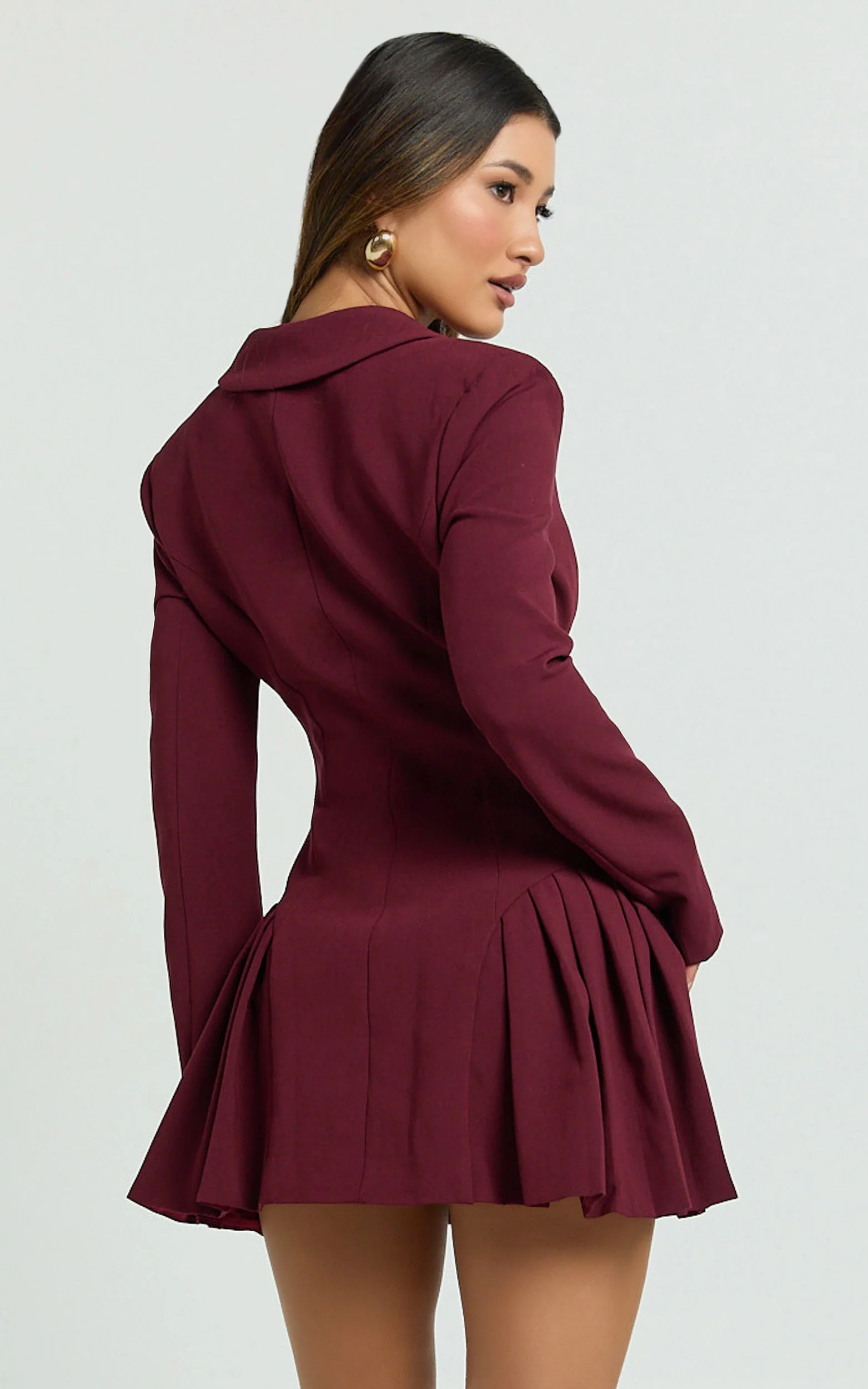 Bea Mini Dress - Collared Long Sleeve Fit And Flare Pleated Dress in Wine - Image 6