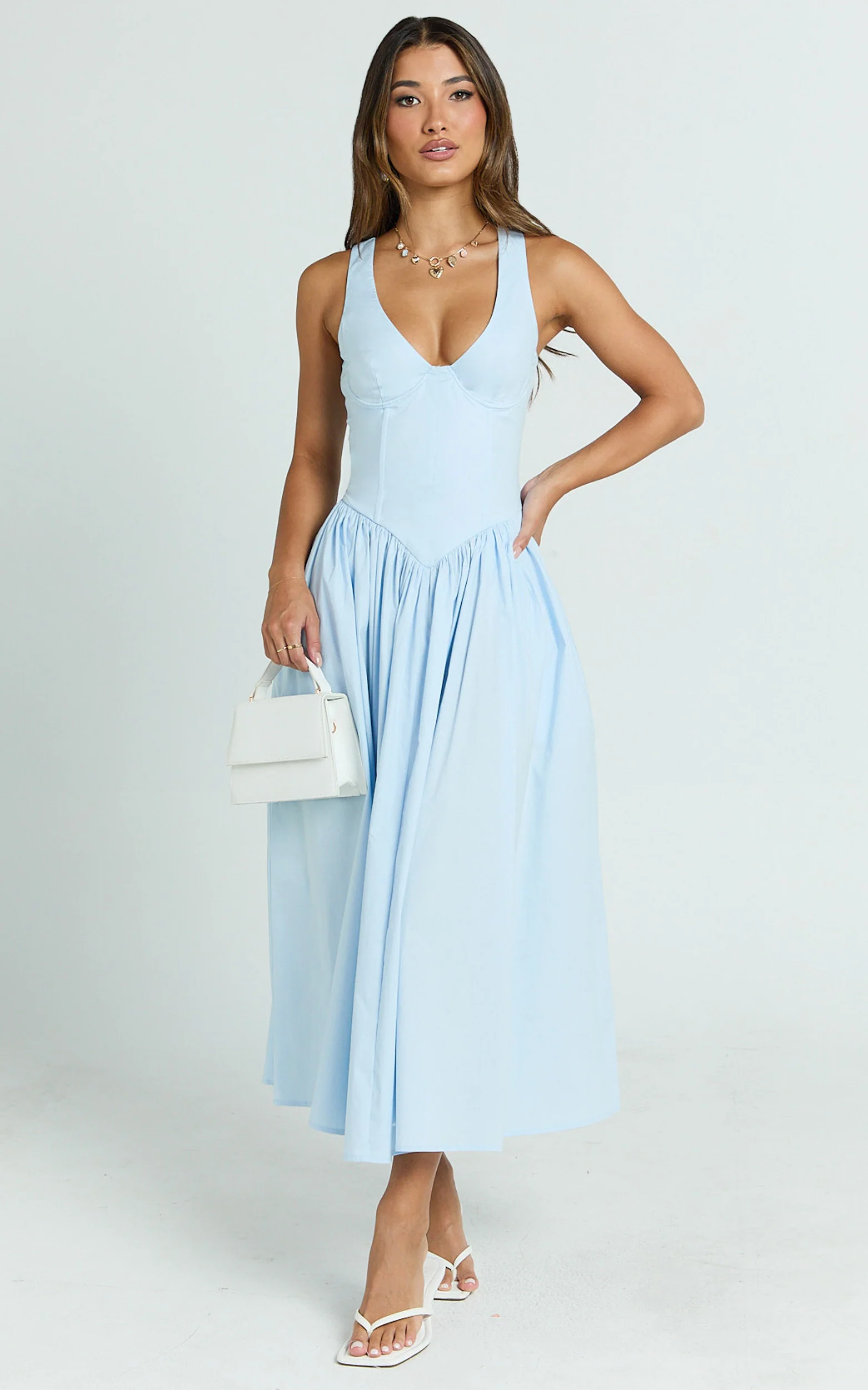 Beckett Midi Dress - Scoop Neck Drop V Waist Gathered Skirt Dress in Blue - Image 3
