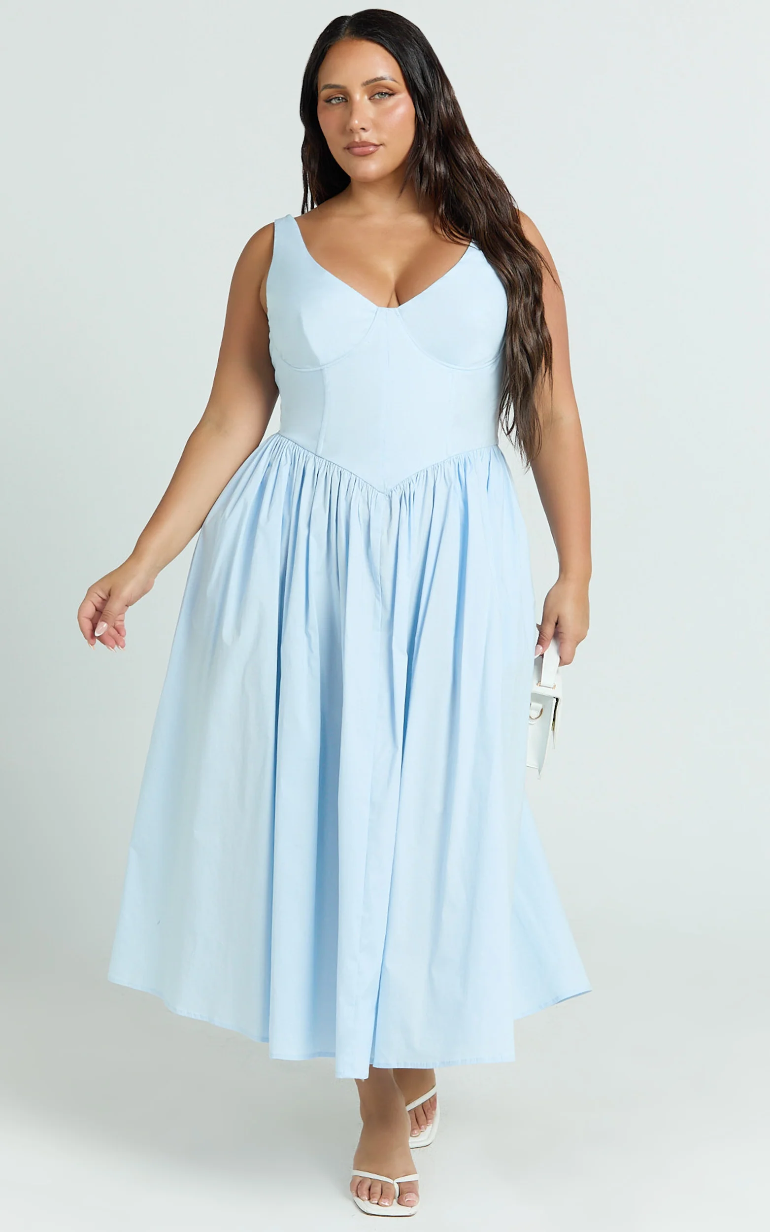 Beckett Midi Dress - Scoop Neck Drop V Waist Gathered Skirt Dress in Blue - Image 4