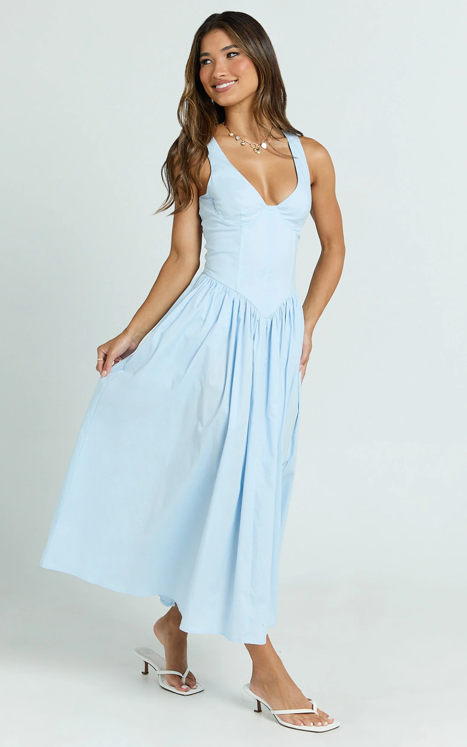Beckett Midi Dress - Scoop Neck Drop V Waist Gathered Skirt Dress in Blue - Image 5