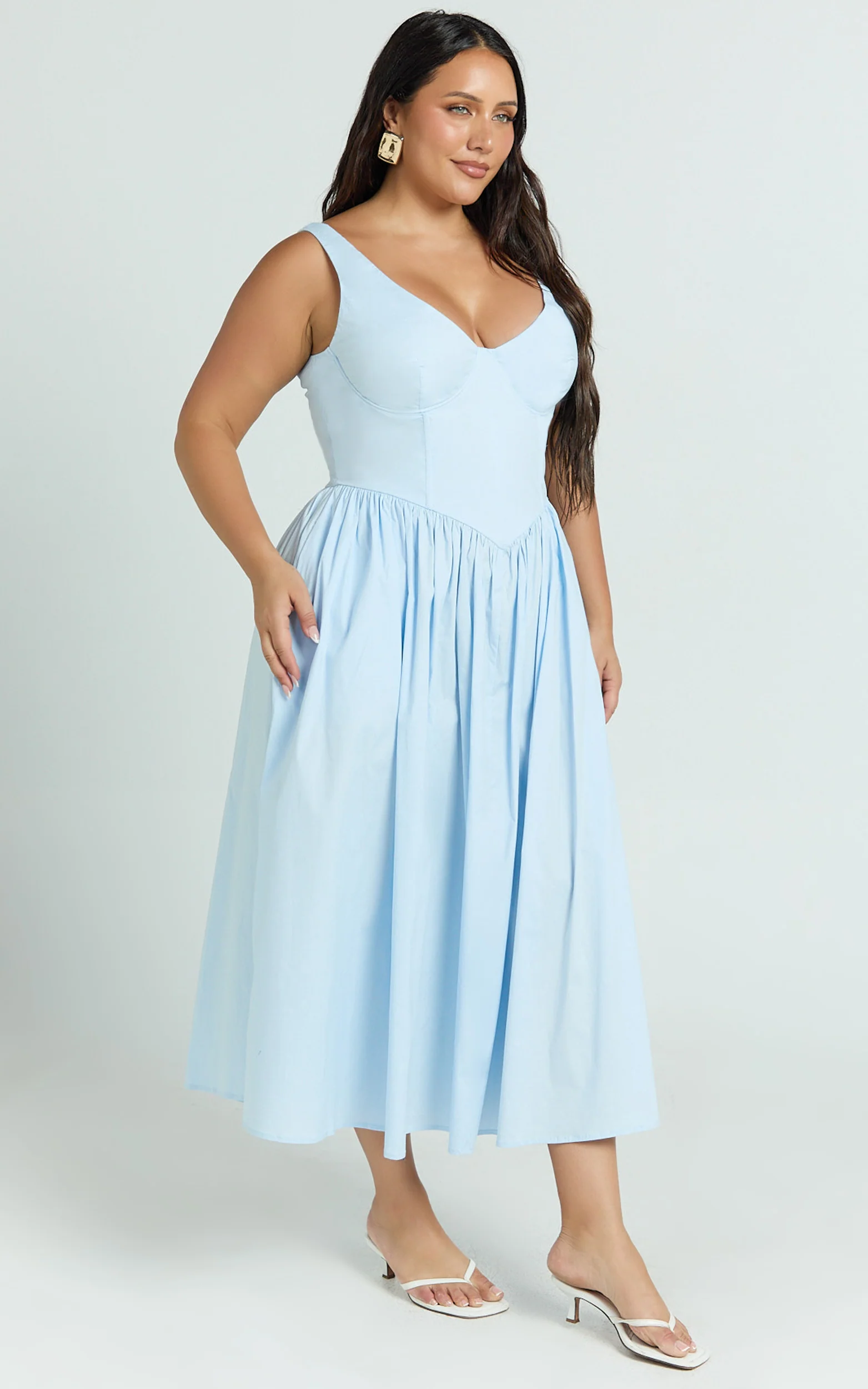 Beckett Midi Dress - Scoop Neck Drop V Waist Gathered Skirt Dress in Blue - Image 6