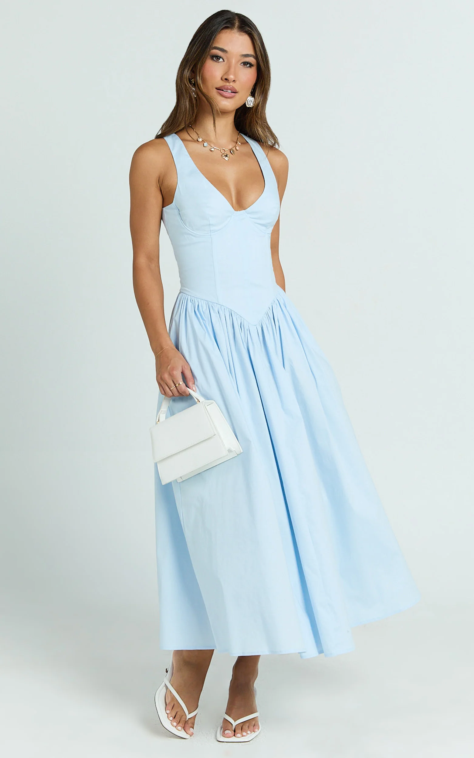 Beckett Midi Dress - Scoop Neck Drop V Waist Gathered Skirt Dress in Blue - Image 7