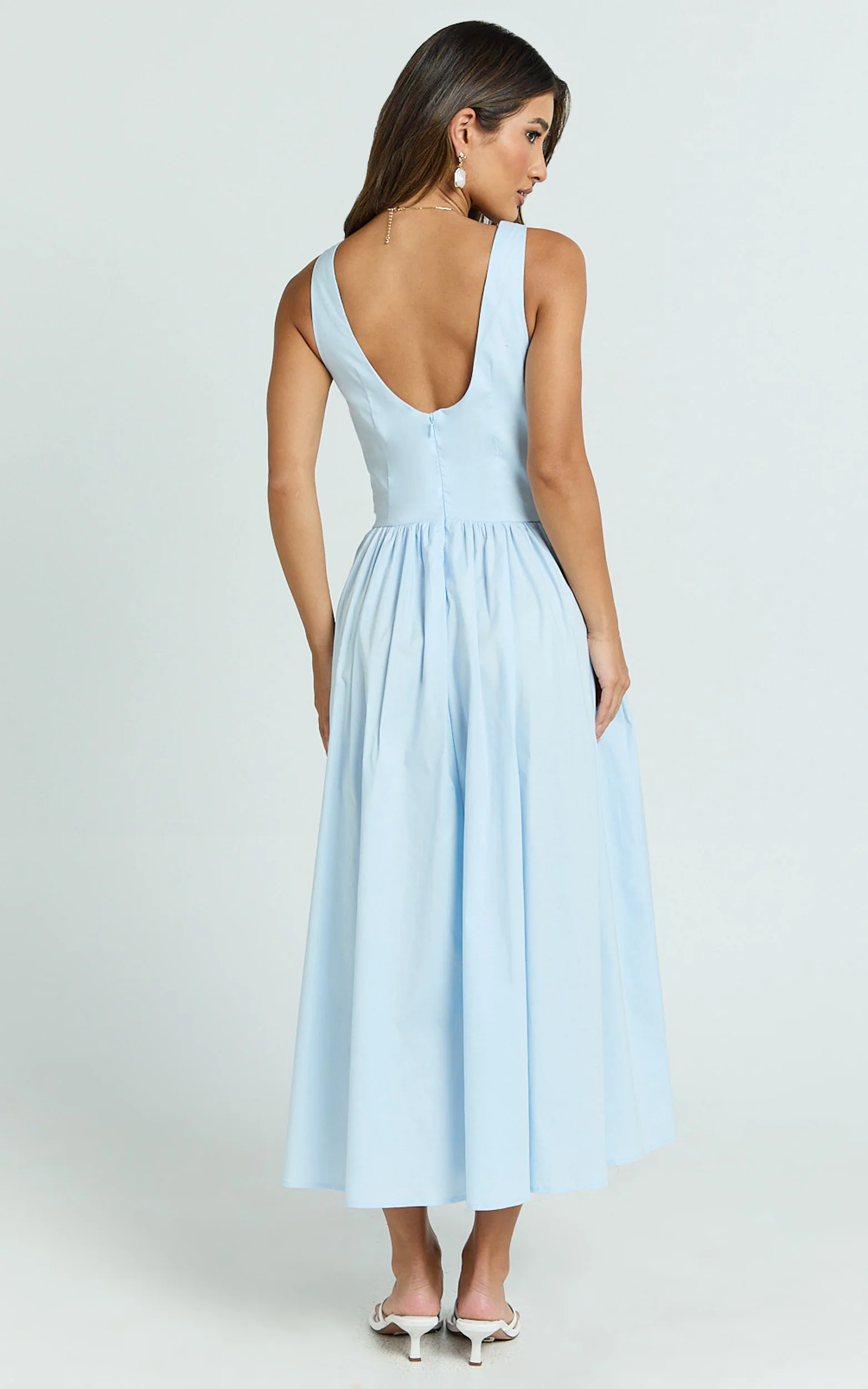 Beckett Midi Dress - Scoop Neck Drop V Waist Gathered Skirt Dress in Blue - Image 8