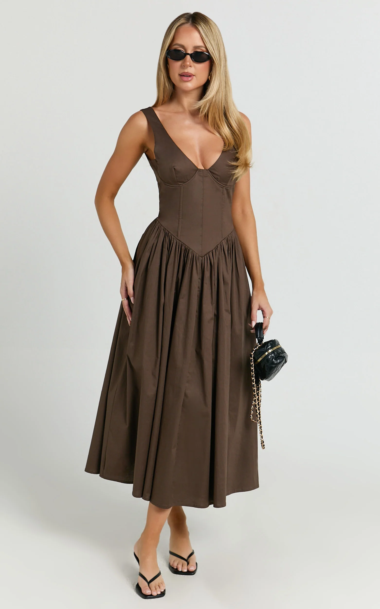 Beckett Midi Dress - Scoop Neck Drop V Waist Gathered Skirt Dress in Dark Chocolate - Image 4