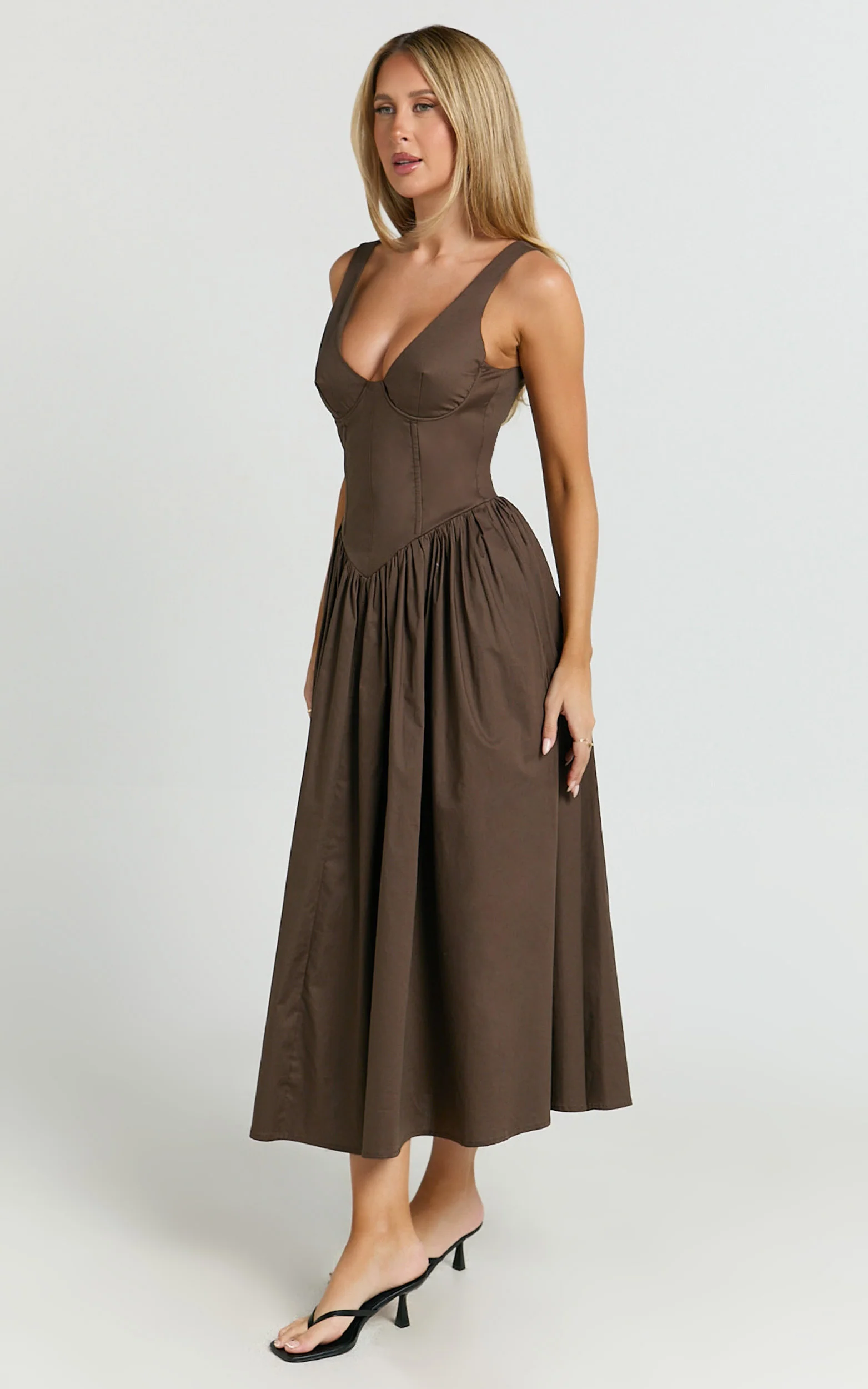 Beckett Midi Dress - Scoop Neck Drop V Waist Gathered Skirt Dress in Dark Chocolate - Image 5
