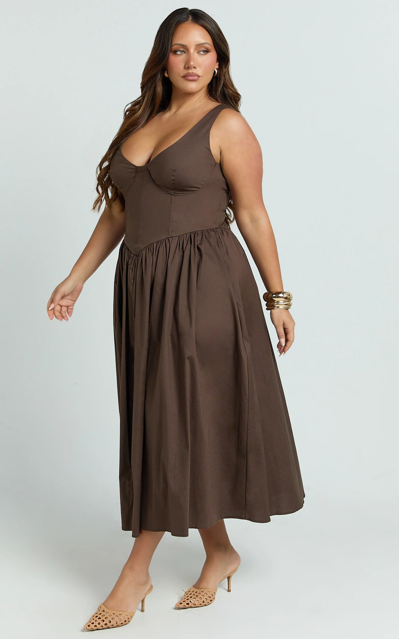 Beckett Midi Dress - Scoop Neck Drop V Waist Gathered Skirt Dress in Dark Chocolate - Image 6