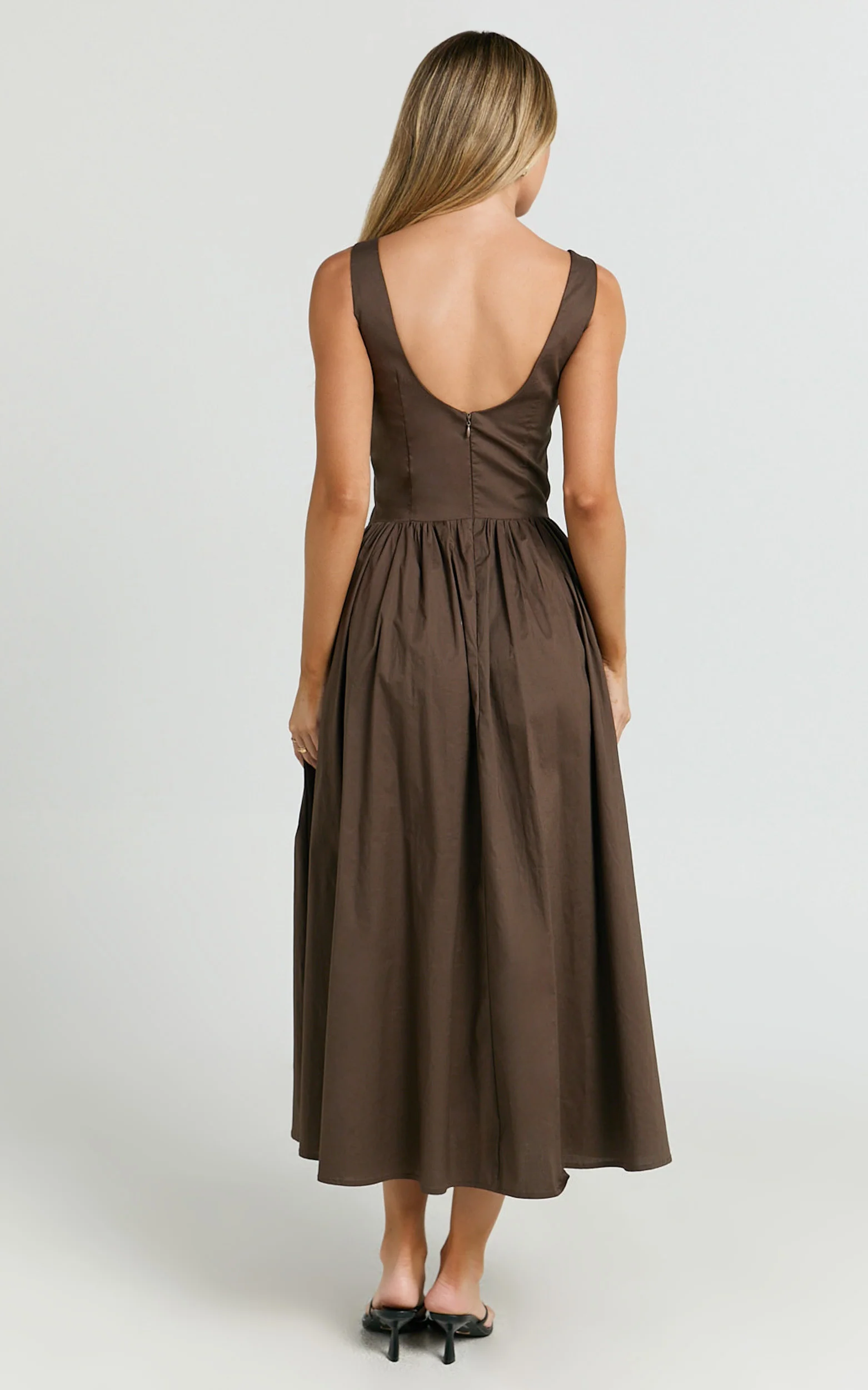 Beckett Midi Dress - Scoop Neck Drop V Waist Gathered Skirt Dress in Dark Chocolate - Image 7
