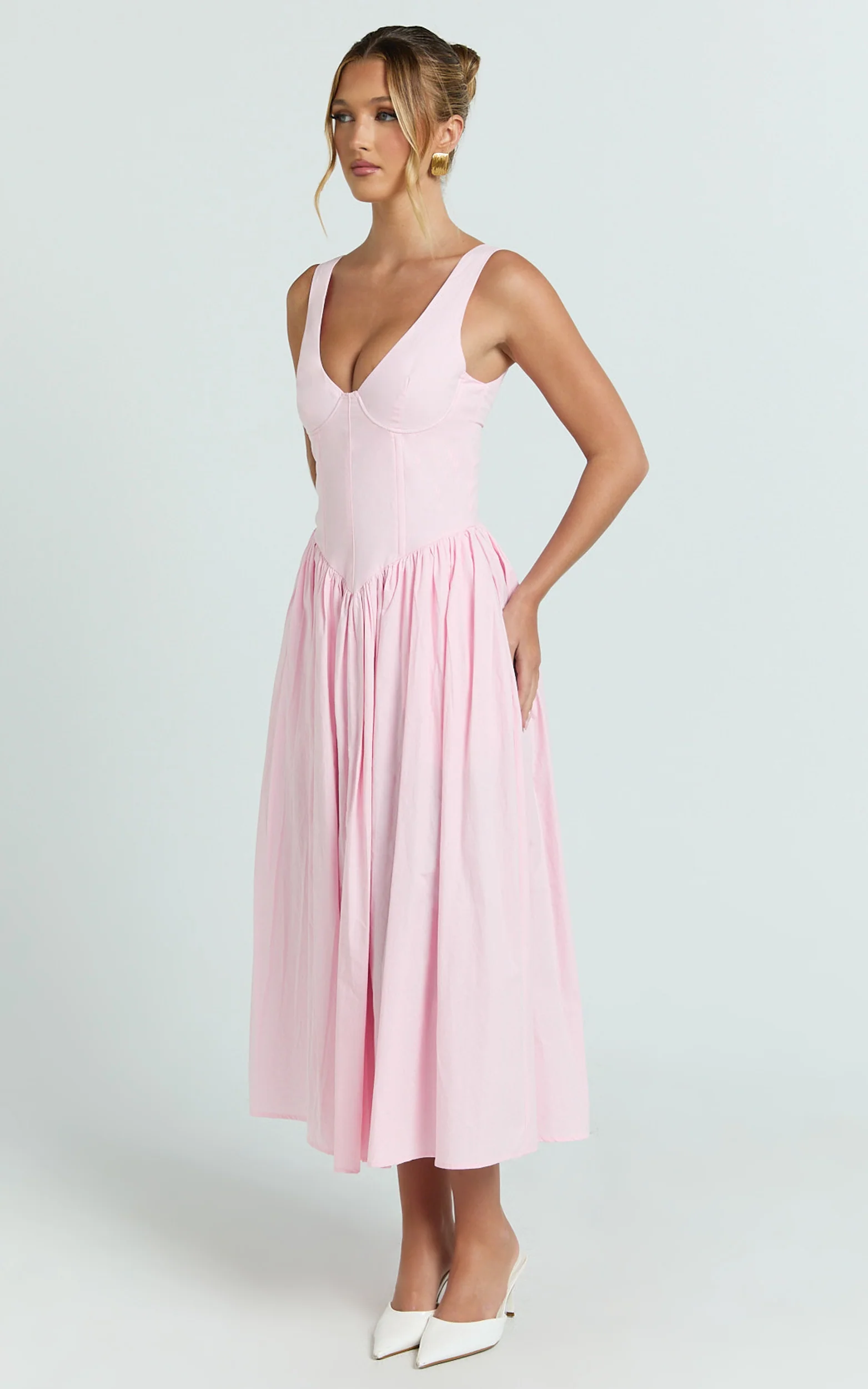Beckett Midi Dress - Scoop Neck Drop V Waist Gathered Skirt Dress in Pink - Image 3