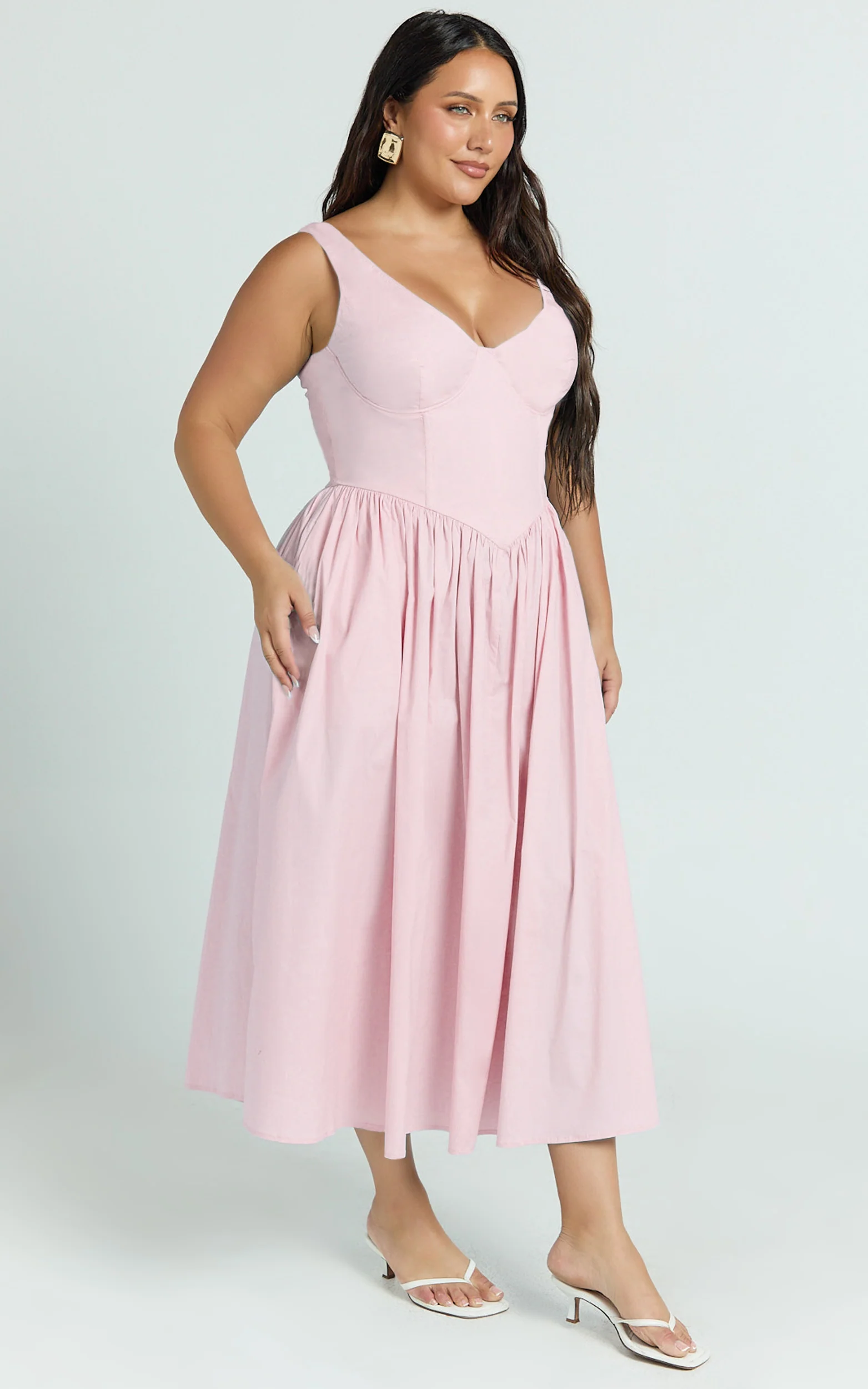 Beckett Midi Dress - Scoop Neck Drop V Waist Gathered Skirt Dress in Pink - Image 4