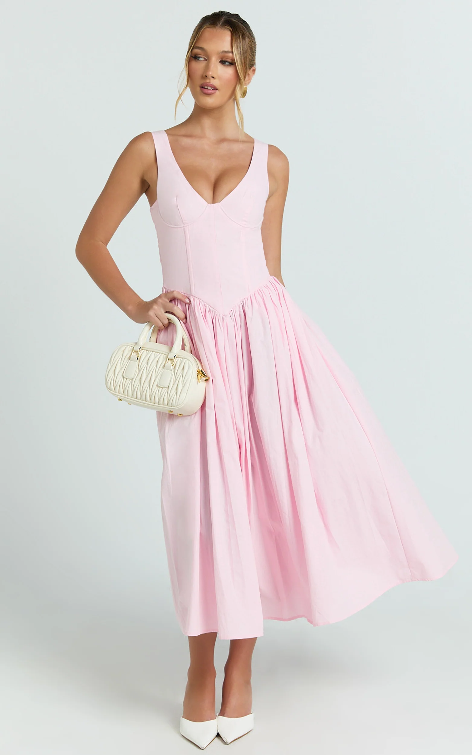 Beckett Midi Dress - Scoop Neck Drop V Waist Gathered Skirt Dress in Pink - Image 5