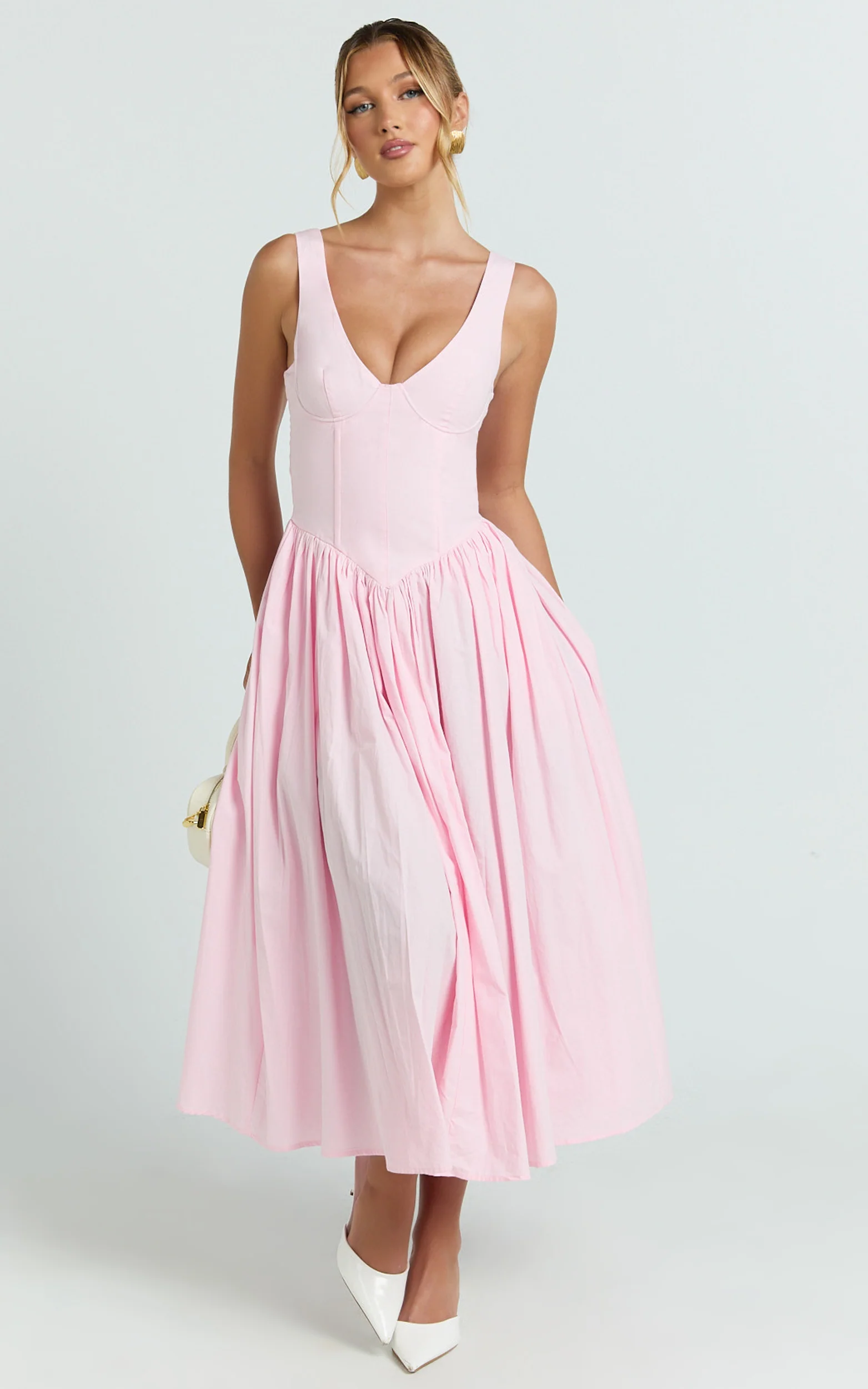 Beckett Midi Dress - Scoop Neck Drop V Waist Gathered Skirt Dress in Pink - Image 7