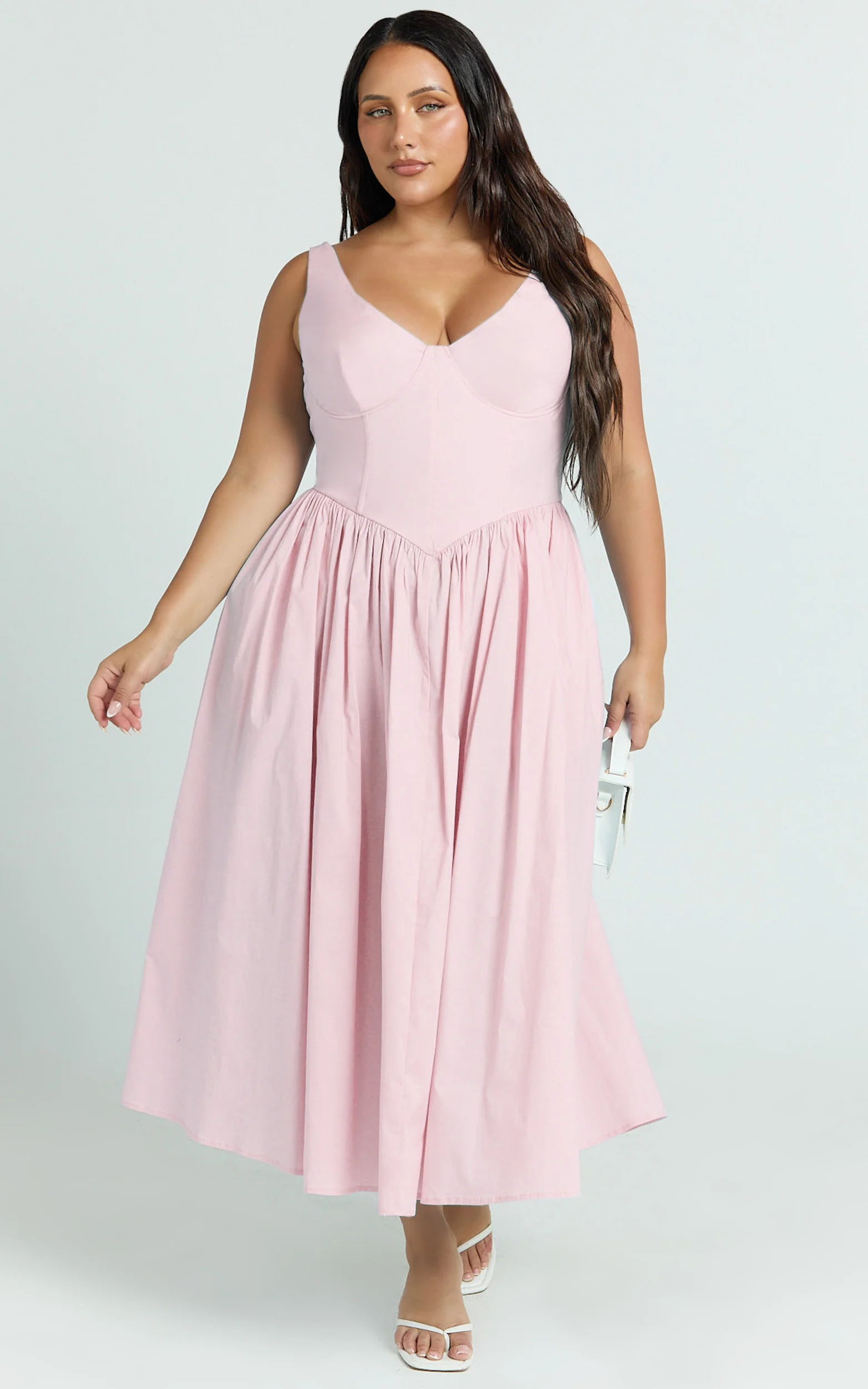 Beckett Midi Dress - Scoop Neck Drop V Waist Gathered Skirt Dress in Pink - Image 8