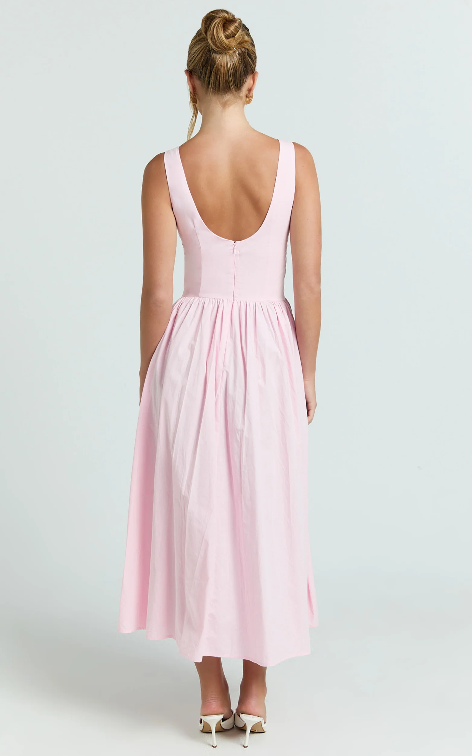 Beckett Midi Dress - Scoop Neck Drop V Waist Gathered Skirt Dress in Pink - Image 9