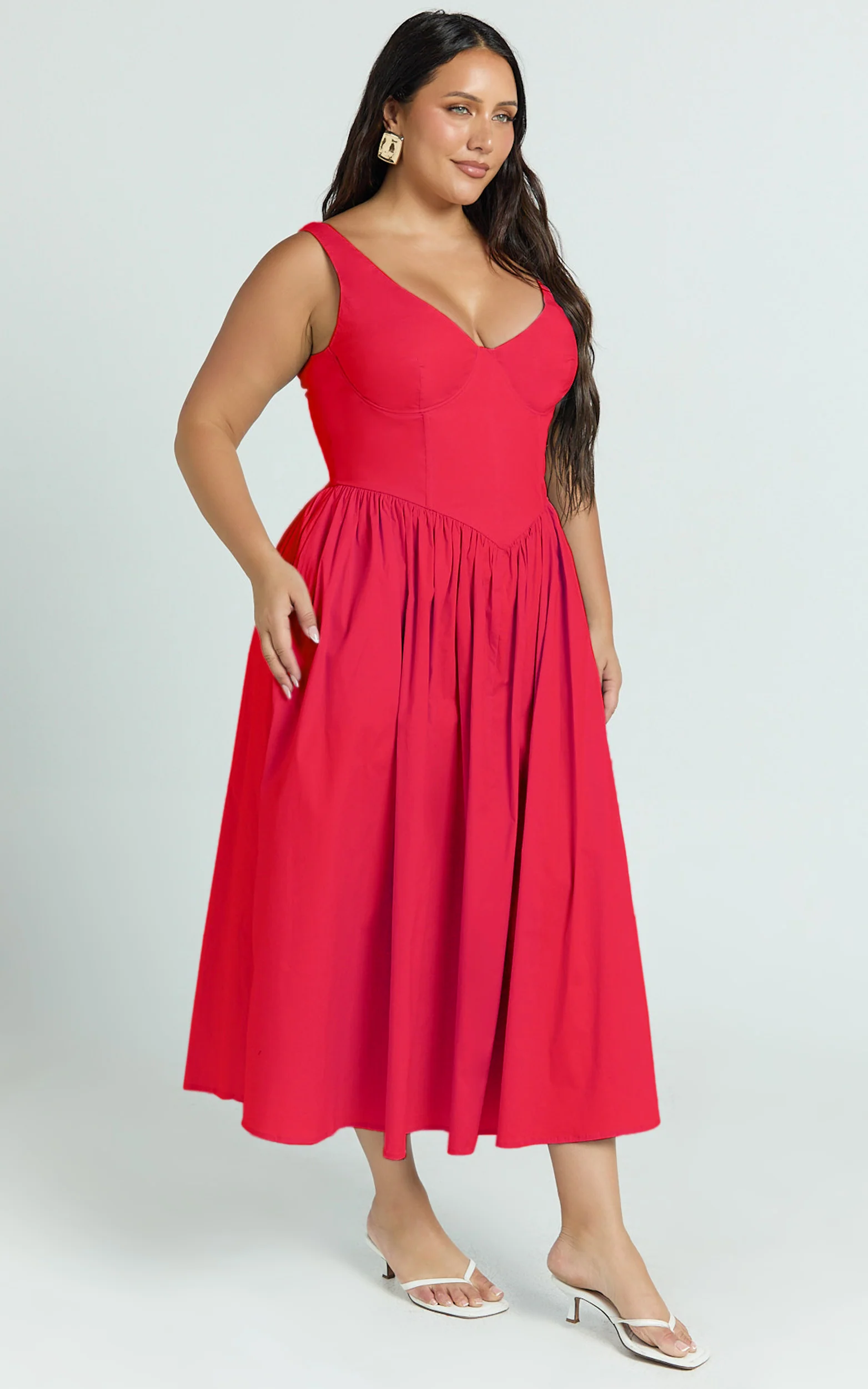 Beckett Midi Dress - Scoop Neck Drop V Waist Gathered Skirt Dress in Red - Image 4