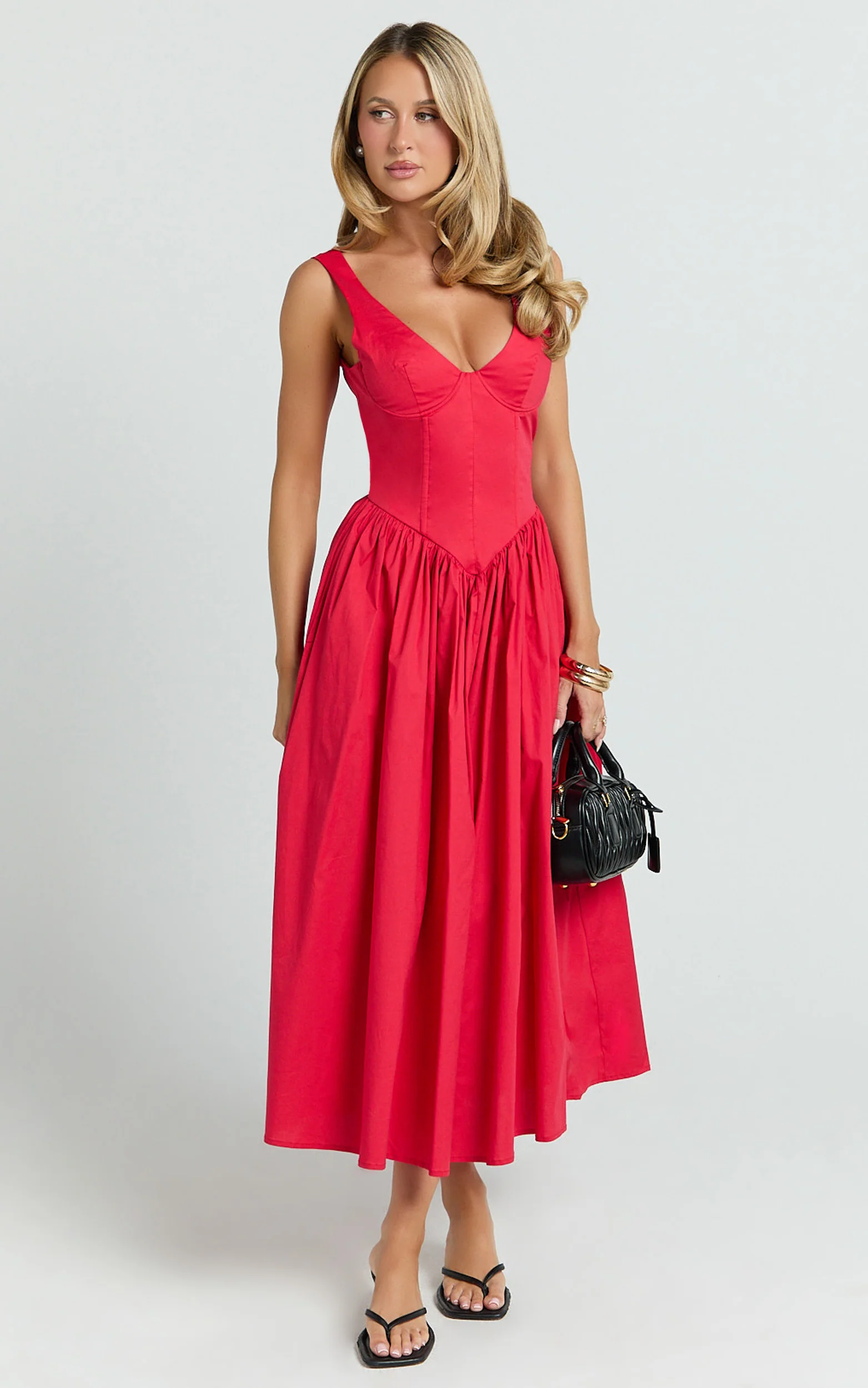 Beckett Midi Dress - Scoop Neck Drop V Waist Gathered Skirt Dress in Red - Image 5