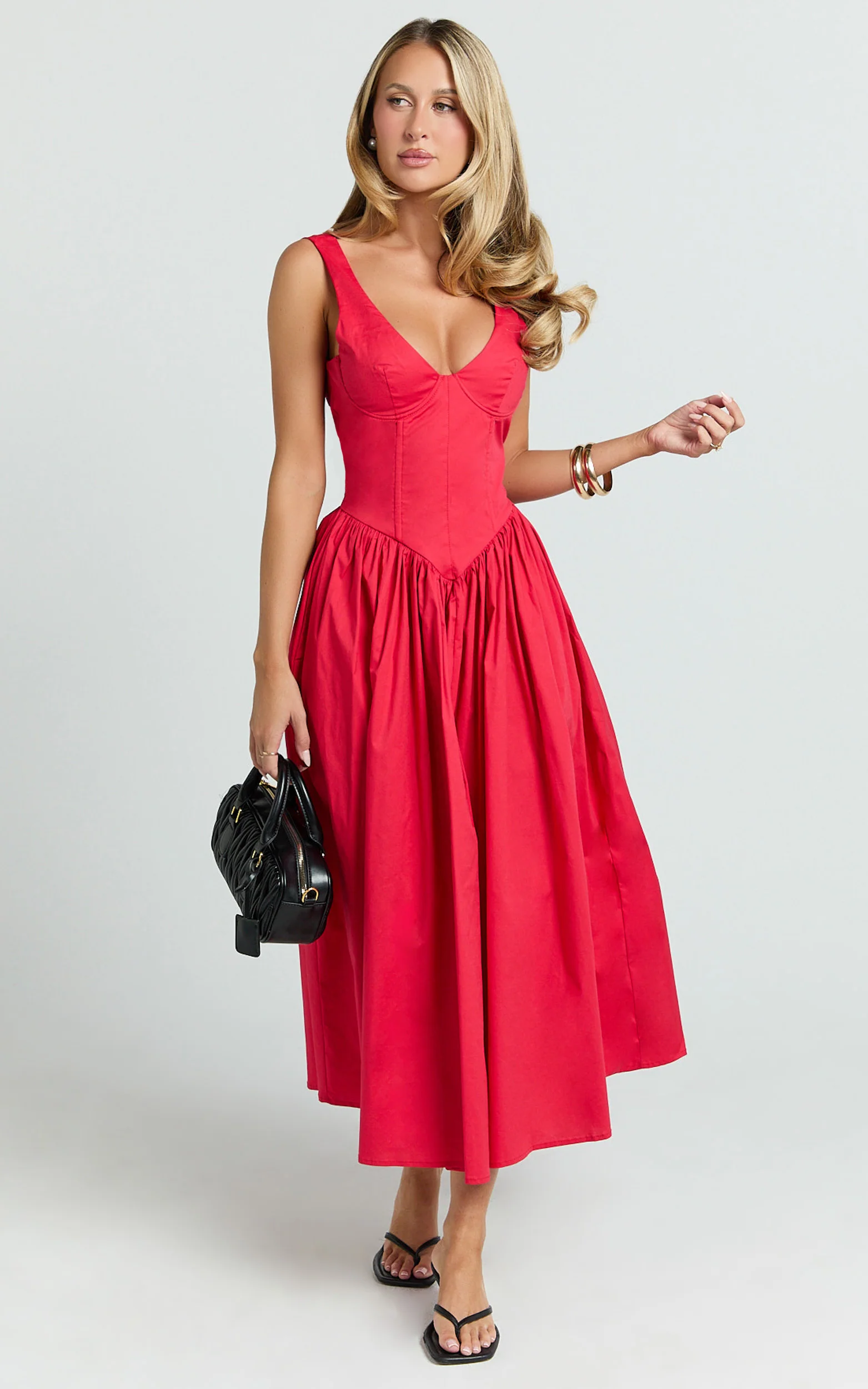 Beckett Midi Dress - Scoop Neck Drop V Waist Gathered Skirt Dress in Red - Image 7