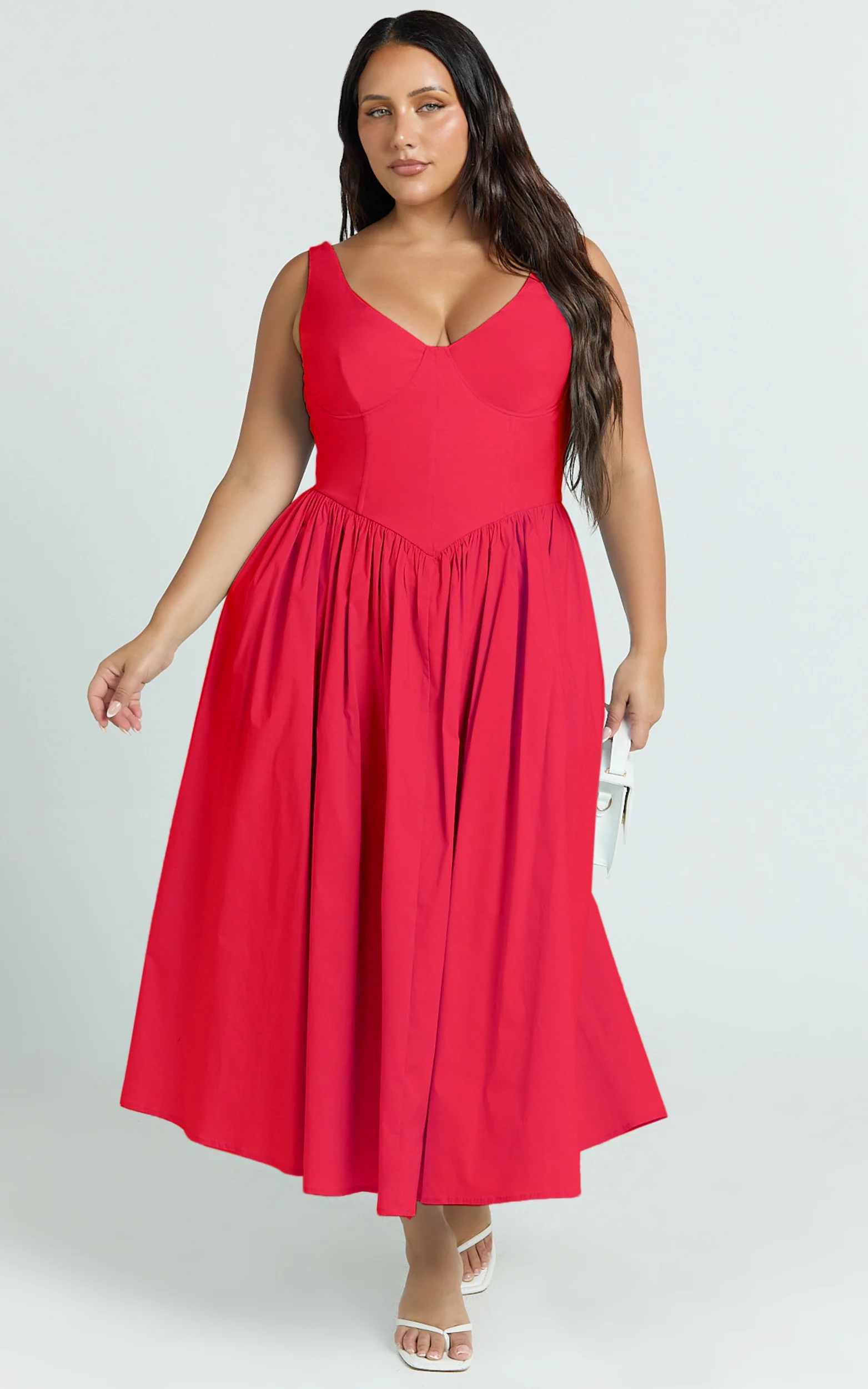 Beckett Midi Dress - Scoop Neck Drop V Waist Gathered Skirt Dress in Red - Image 8