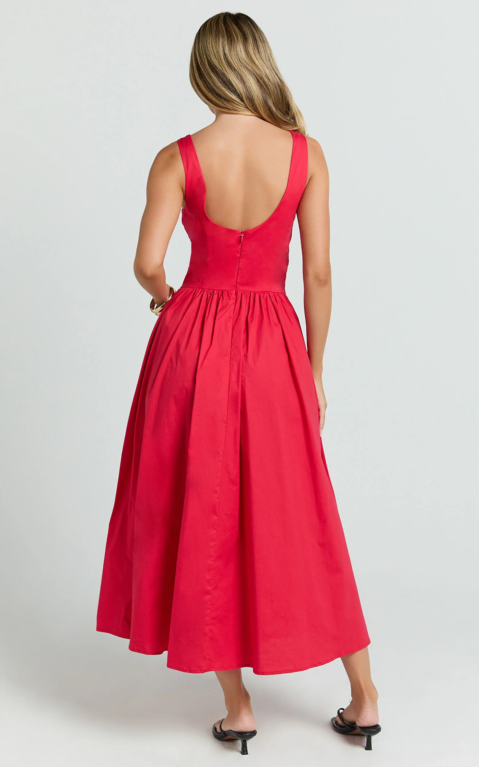 Beckett Midi Dress - Scoop Neck Drop V Waist Gathered Skirt Dress in Red - Image 9
