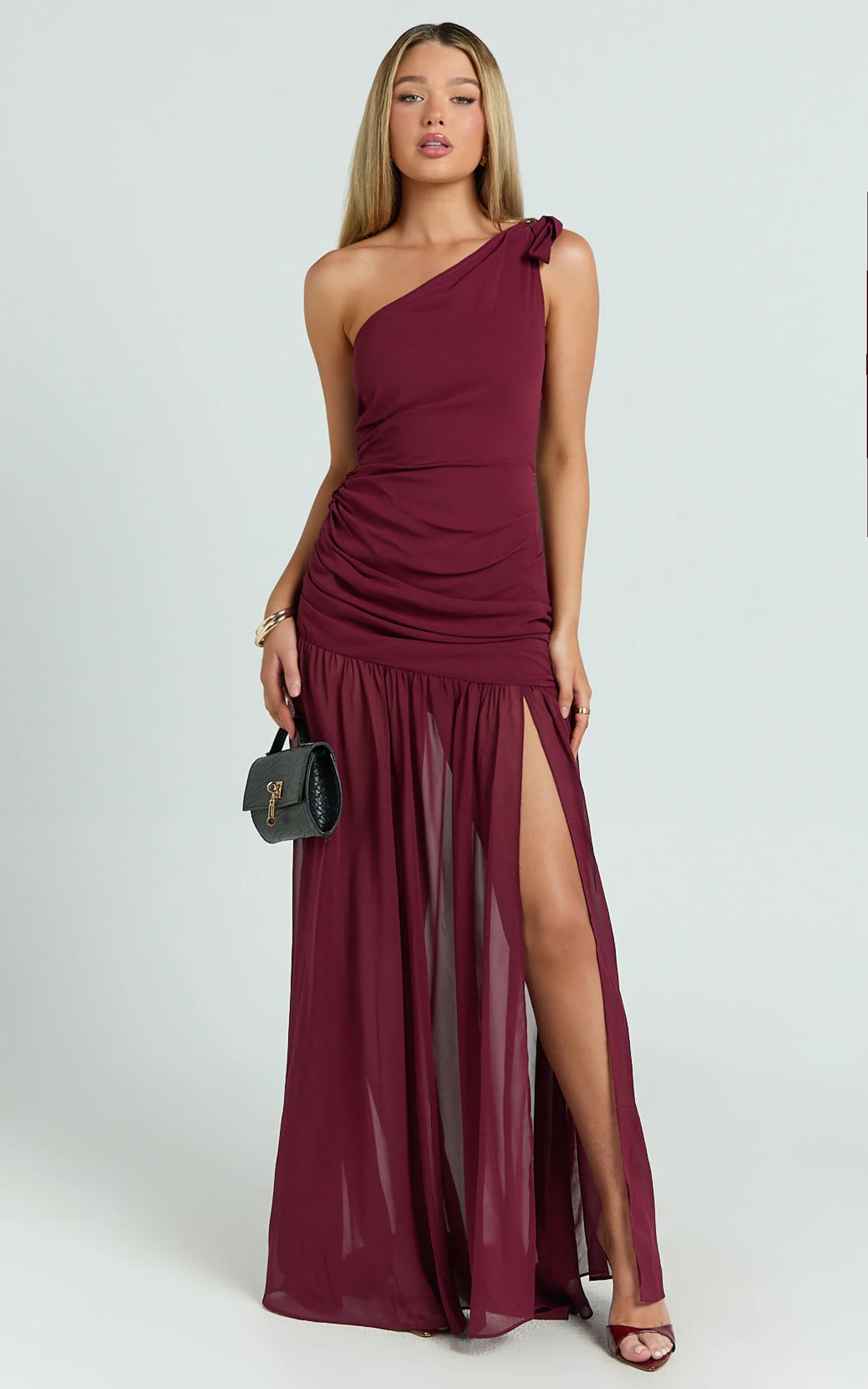 Behati Maxi Dress - One Shoulder Cut Out Fit And Flare Dress in Wine - Image 5