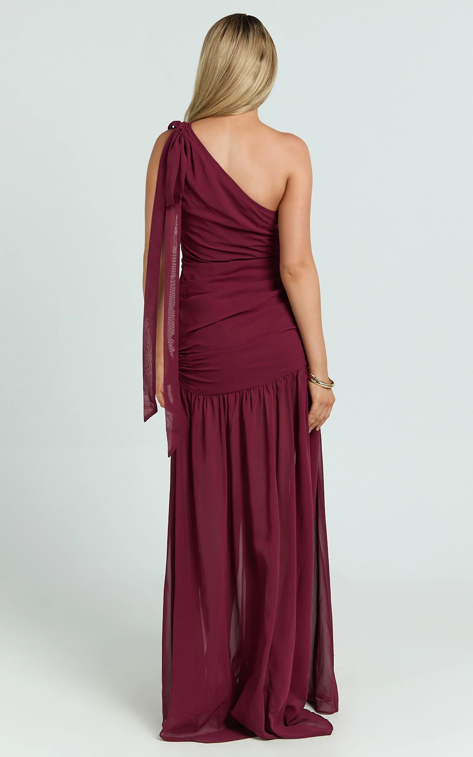 Behati Maxi Dress - One Shoulder Cut Out Fit And Flare Dress in Wine - Image 6