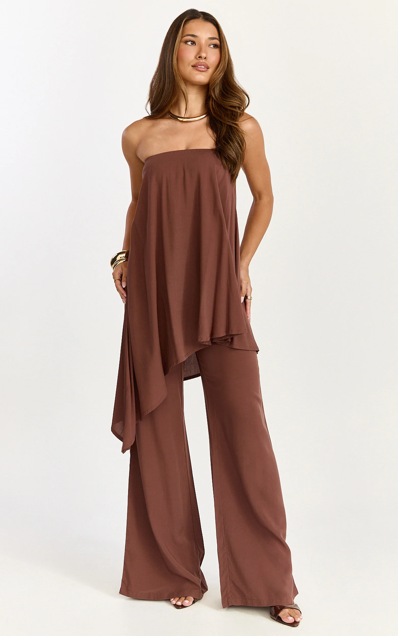 Bella Two Piece Top and Pants Set - Long Line Assym Top And Wide Leg Pants Set in Chocolate - Image 4