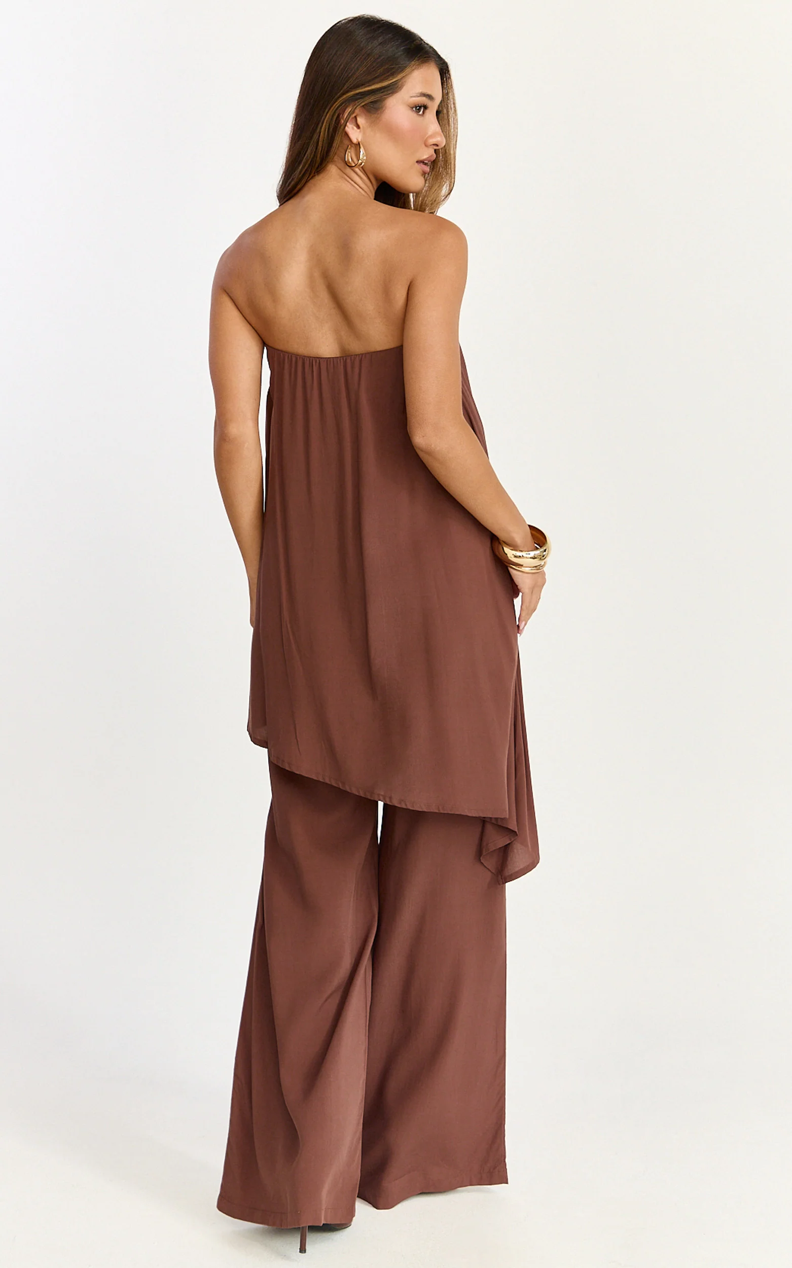 Bella Two Piece Top and Pants Set - Long Line Assym Top And Wide Leg Pants Set in Chocolate - Image 5
