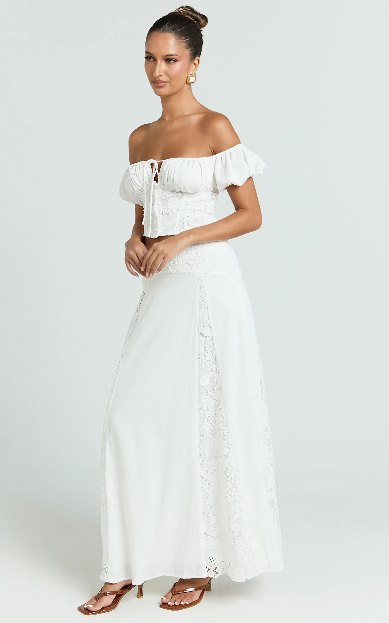 Belle Two Piece Set - Off Shoulder Top and Maxi Skirt Set in White - Image 4