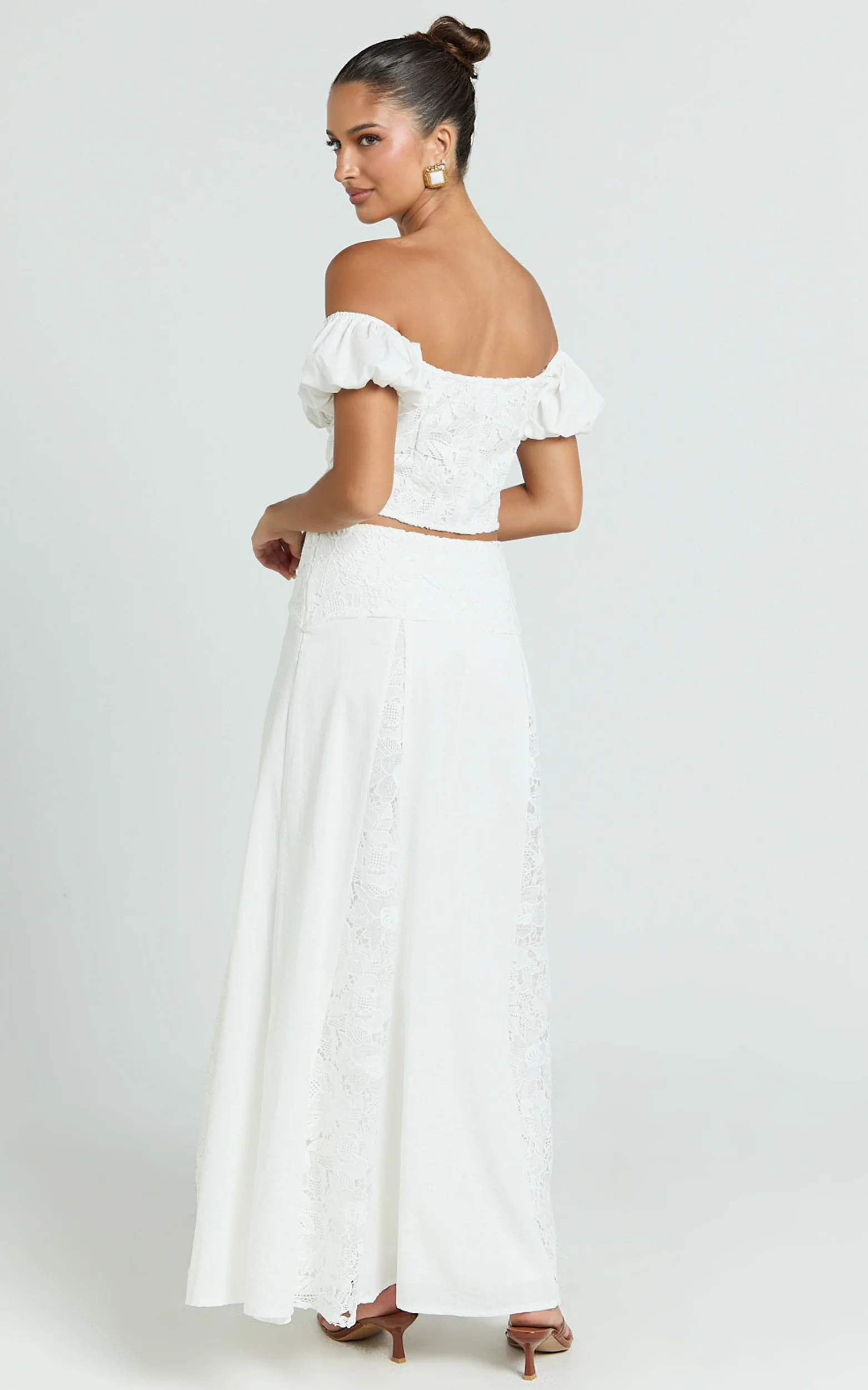 Belle Two Piece Set - Off Shoulder Top and Maxi Skirt Set in White - Image 5