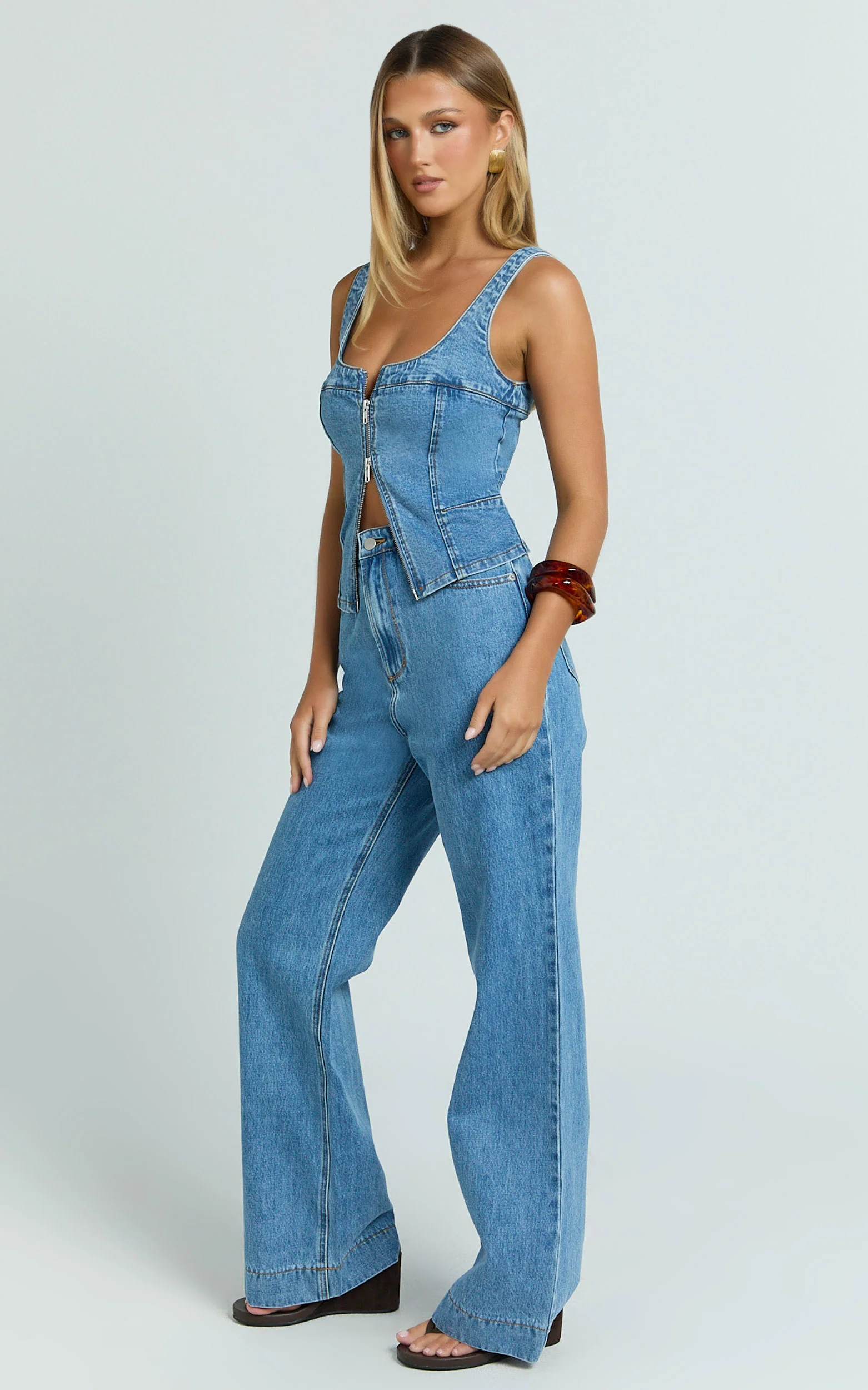 Bellerose Top - Front Zip Denim Fitted Top in Mid Blue - Image 8