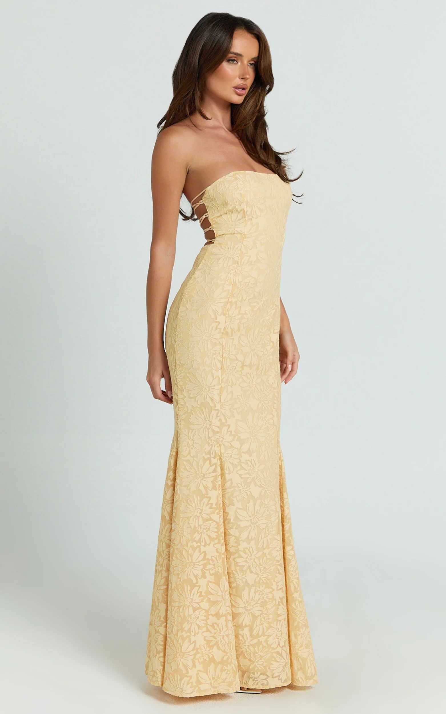 Belrose Maxi Dress - Jacquard Square Neck Fit And Flare Dress in Yellow - Image 4