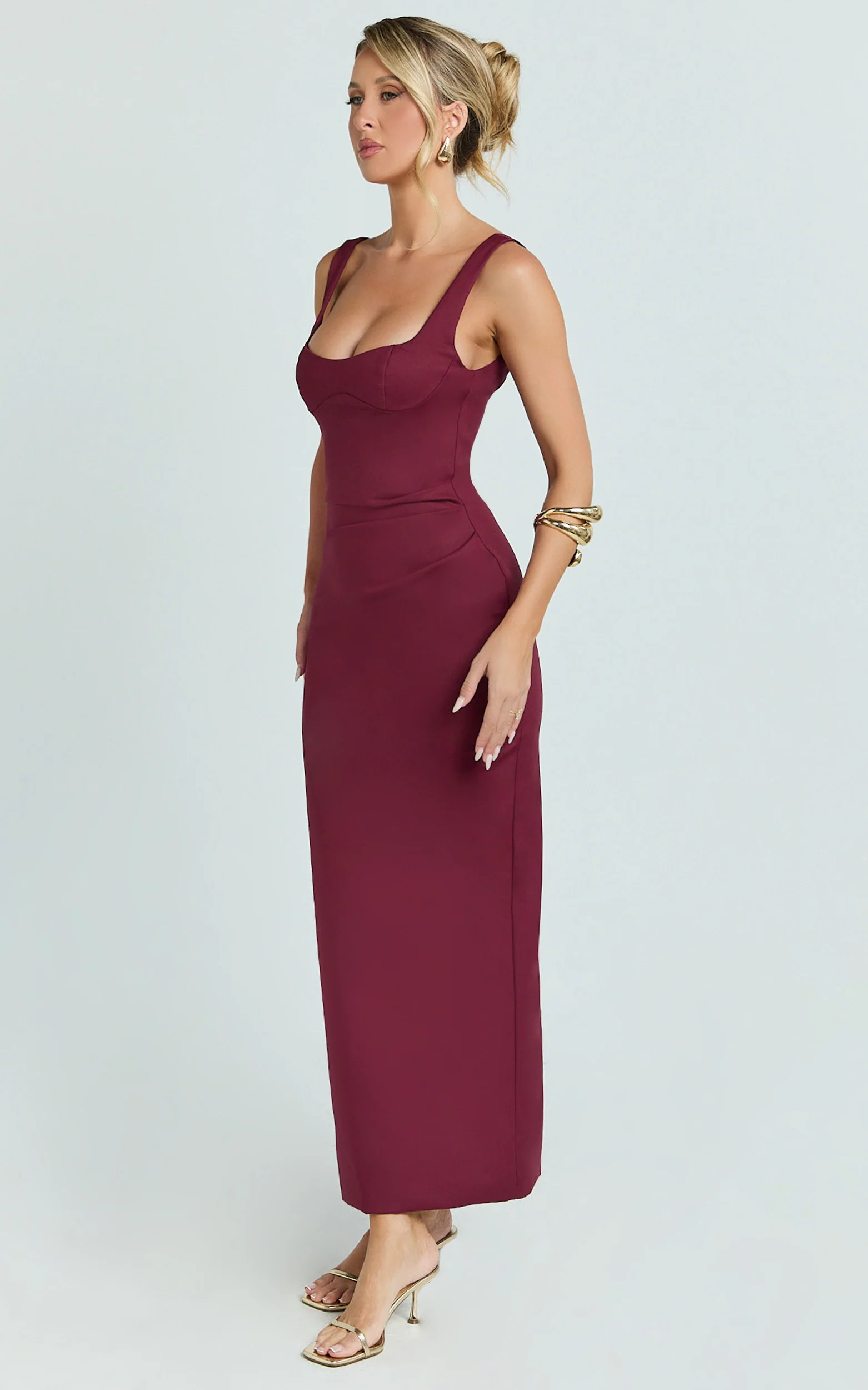 Benita Midi Dress - Scoop Neck Ruched Fitted Dress in Wine - Image 3
