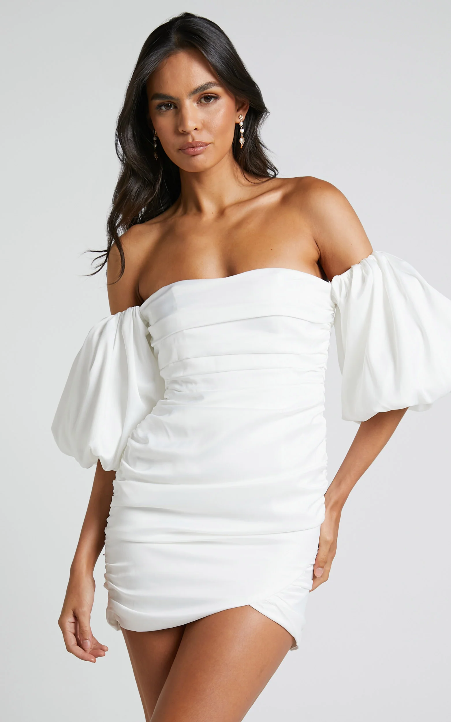 Betty Mini Dress - Off Shoulder Puff Sleeve Gathered Dress in White - Image 5