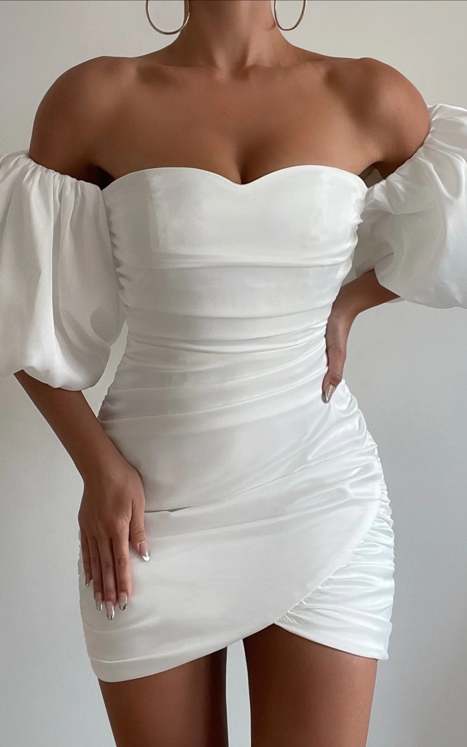 Betty Mini Dress - Off Shoulder Puff Sleeve Gathered Dress in White - Image 6