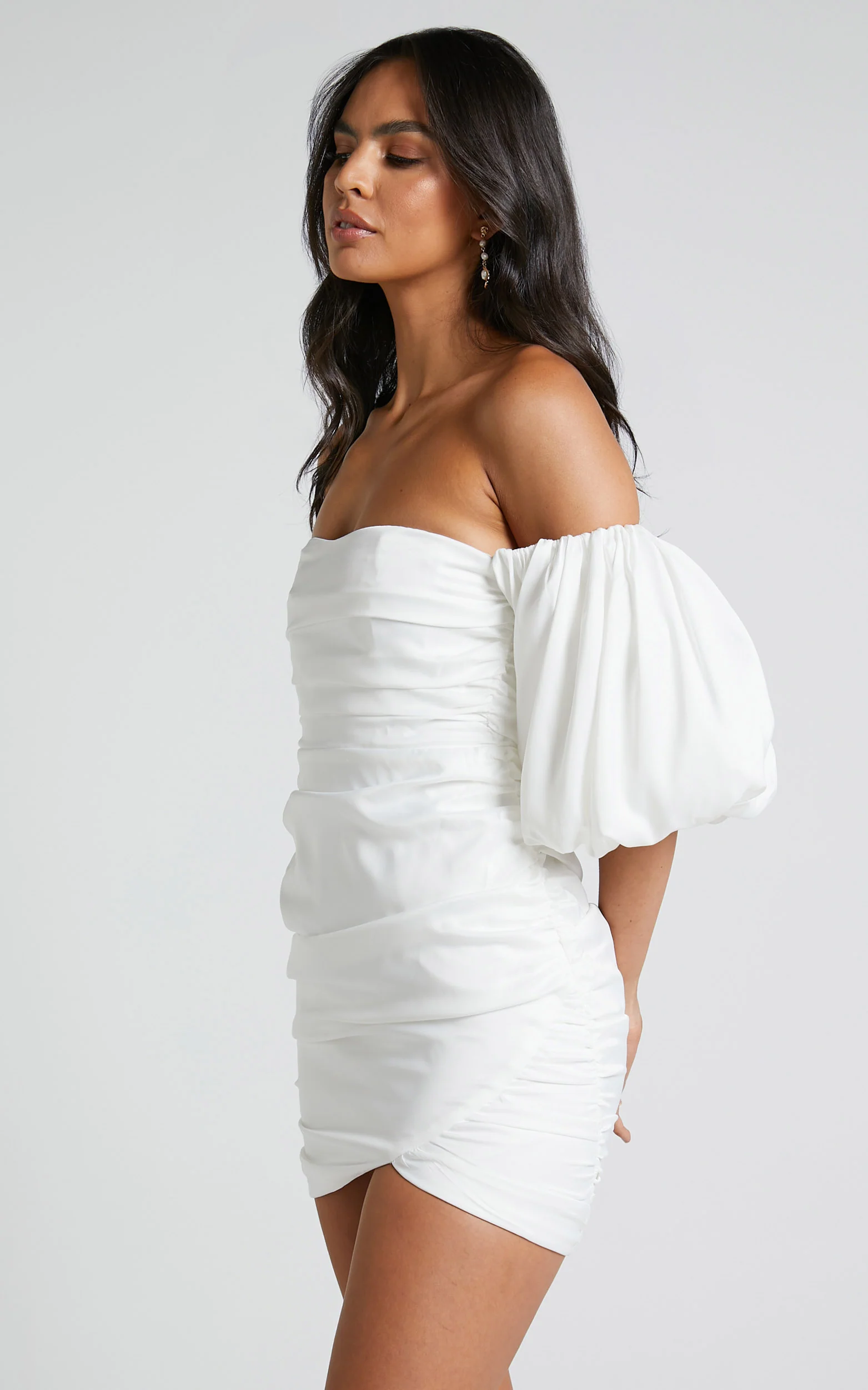 Betty Mini Dress - Off Shoulder Puff Sleeve Gathered Dress in White - Image 7