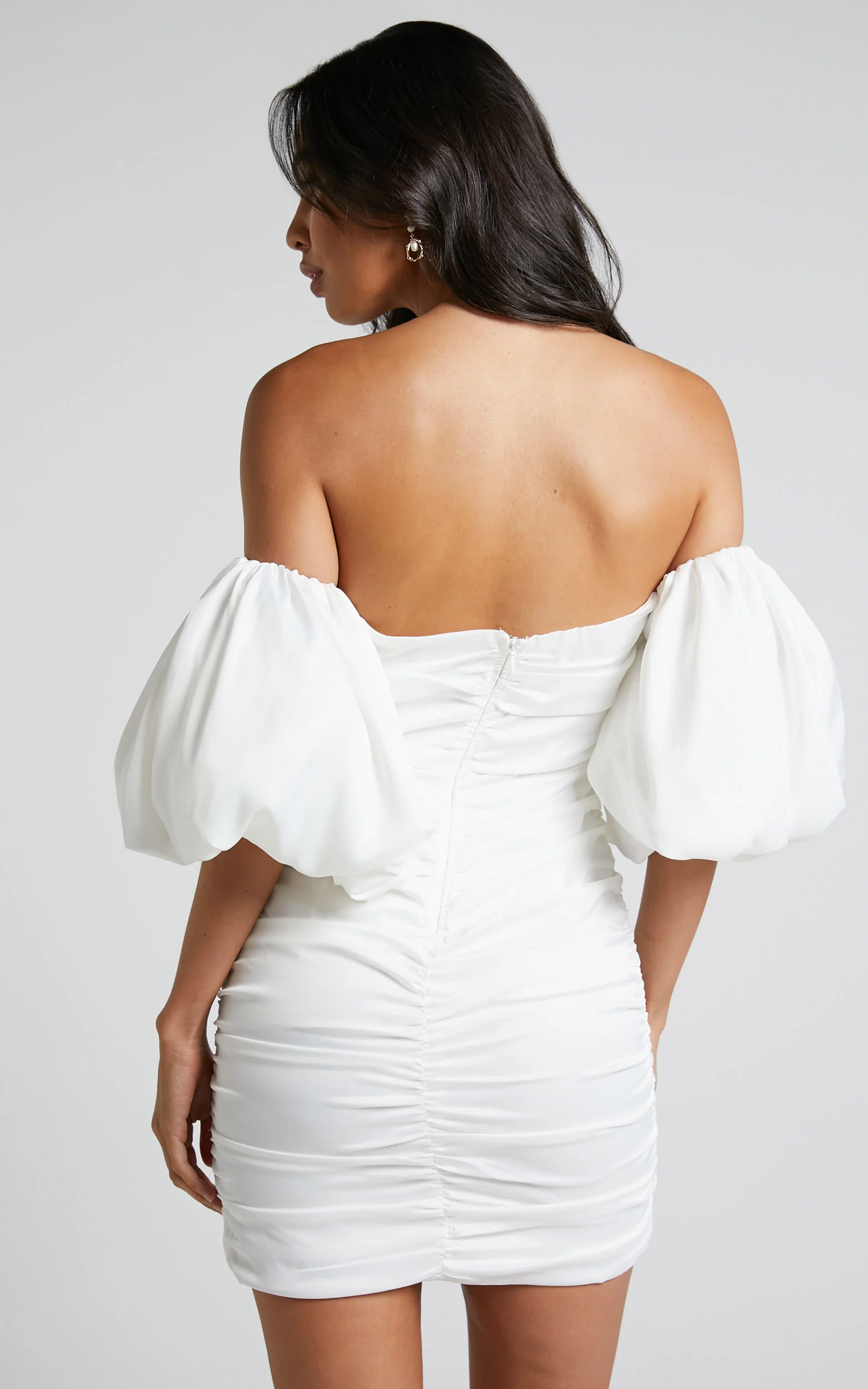 Betty Mini Dress - Off Shoulder Puff Sleeve Gathered Dress in White - Image 8
