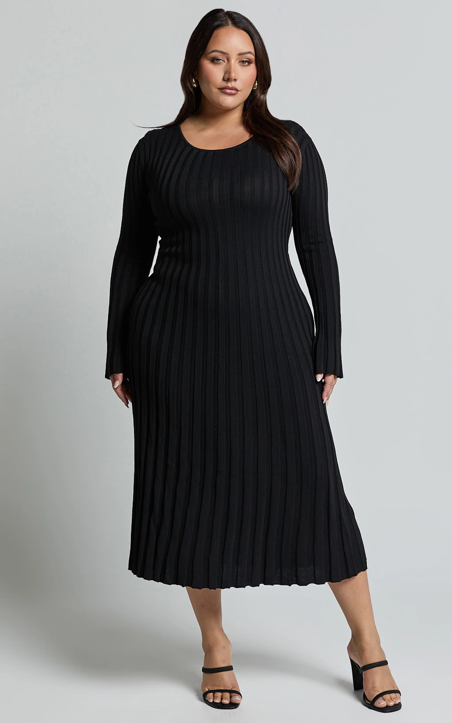Blaire Midi Dress - Long Sleeve Tie Back Flare Dress in Black - Image 4
