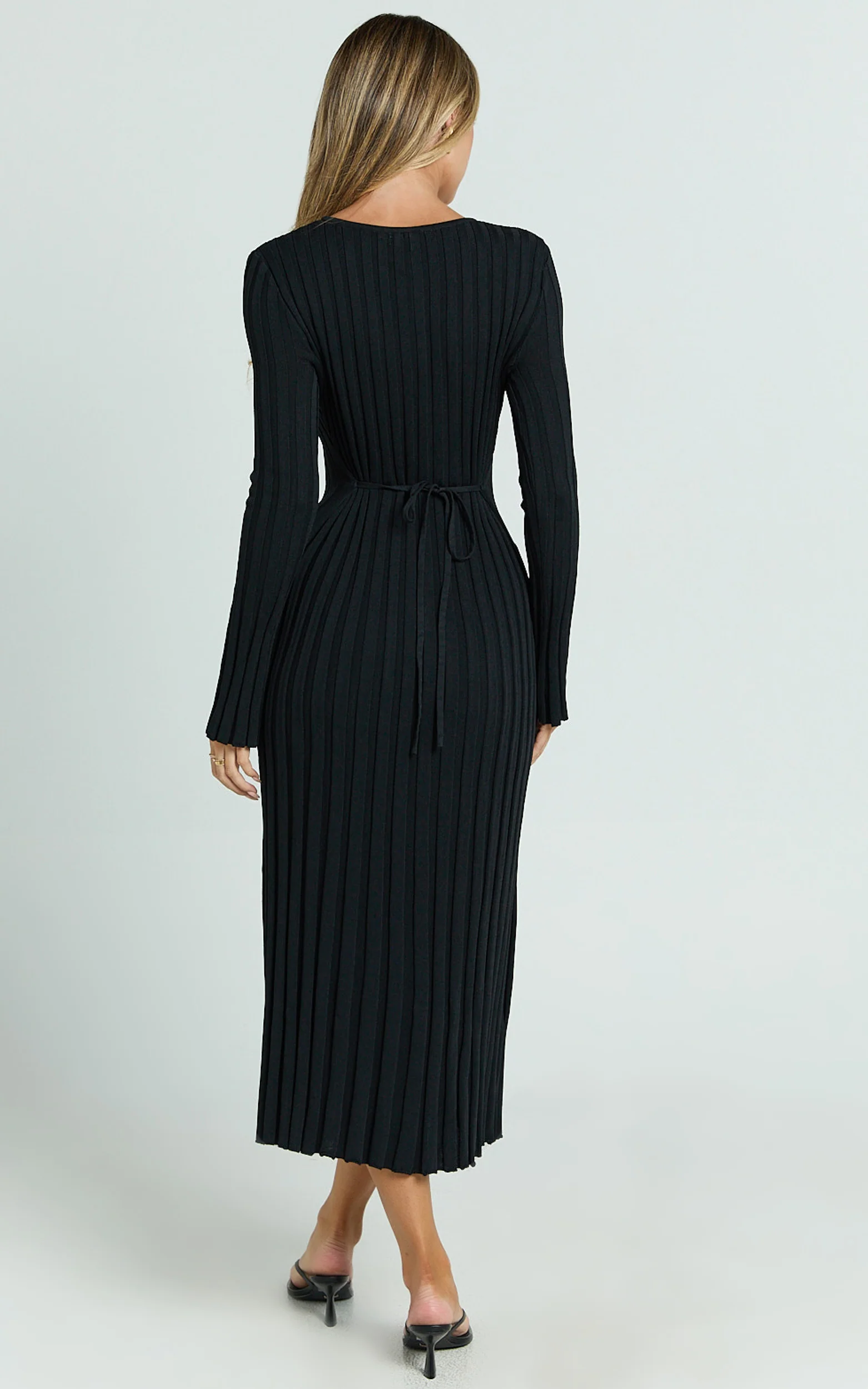 Blaire Midi Dress - Long Sleeve Tie Back Flare Dress in Black - Image 5