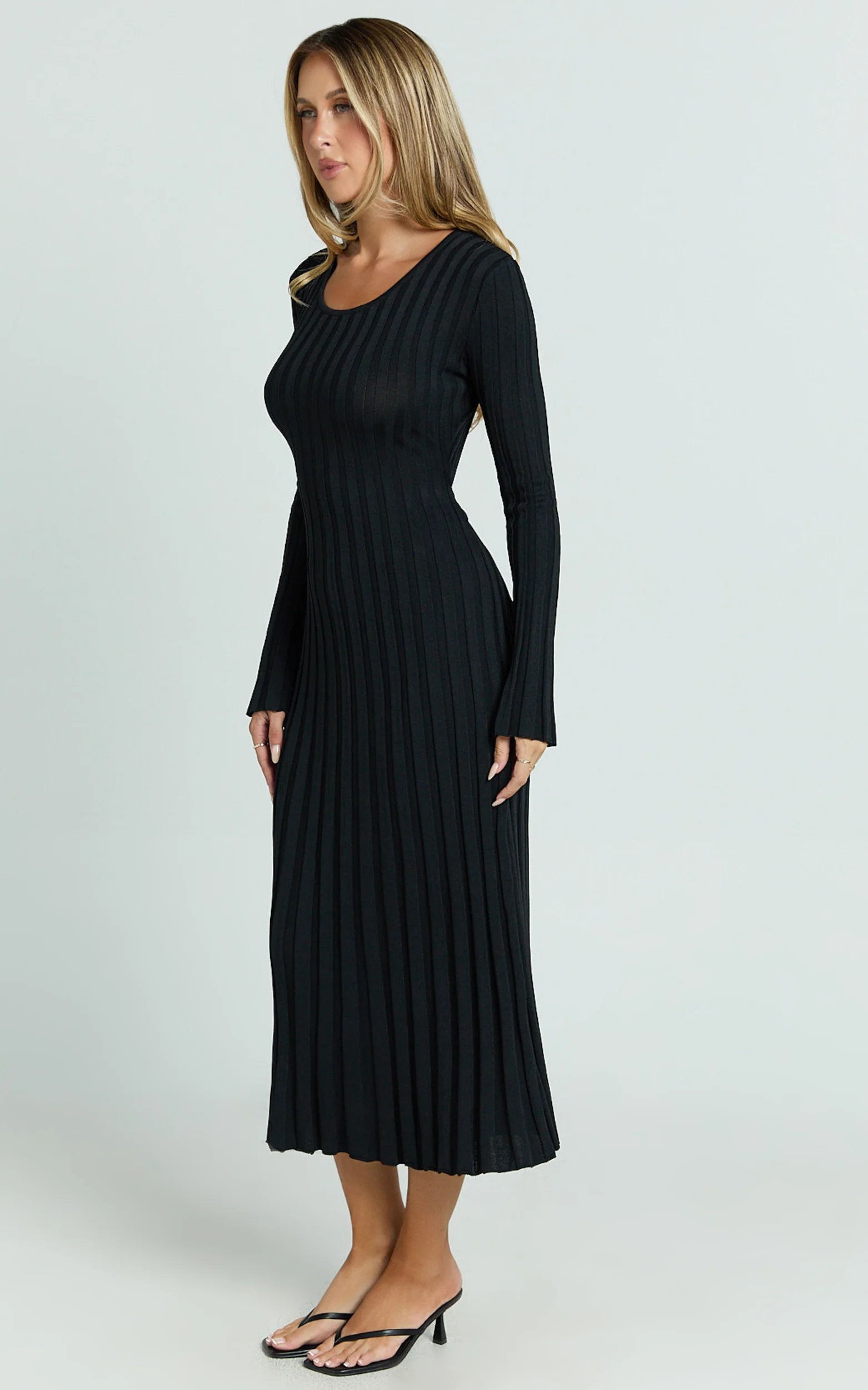 Blaire Midi Dress - Long Sleeve Tie Back Flare Dress in Black - Image 7