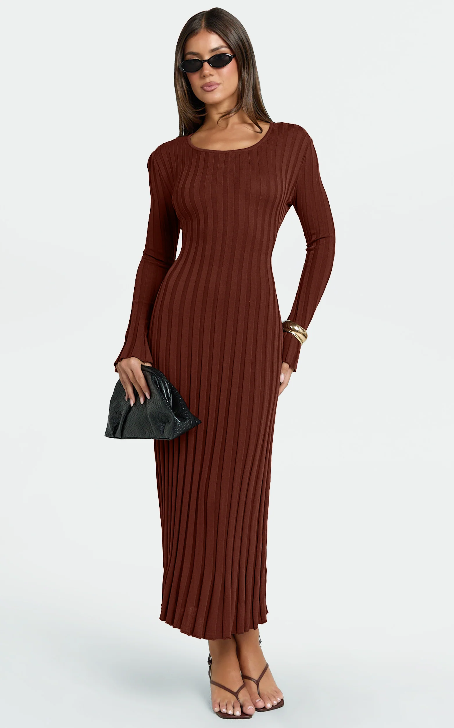 Blaire Midi Dress - Long Sleeve Tie Back Flare Dress in Chocolate - Image 3