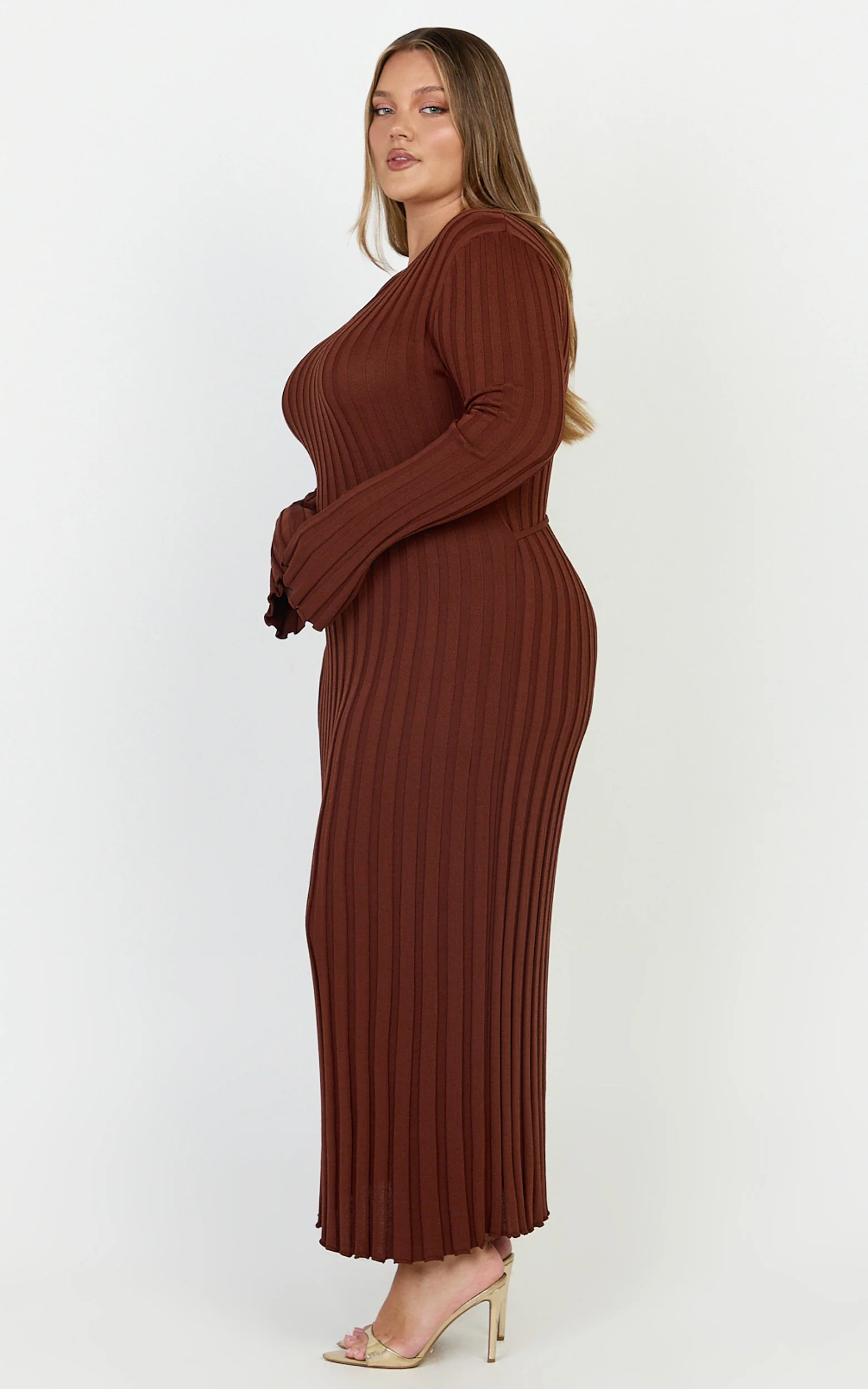 Blaire Midi Dress - Long Sleeve Tie Back Flare Dress in Chocolate - Image 4