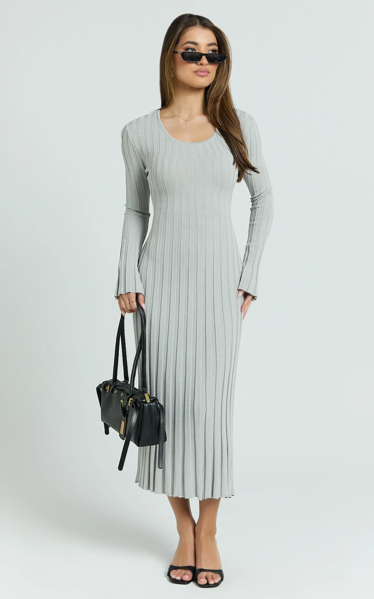 Blaire Midi Dress - Long Sleeve Tie Back Flare Dress in Grey Marle - Image 5