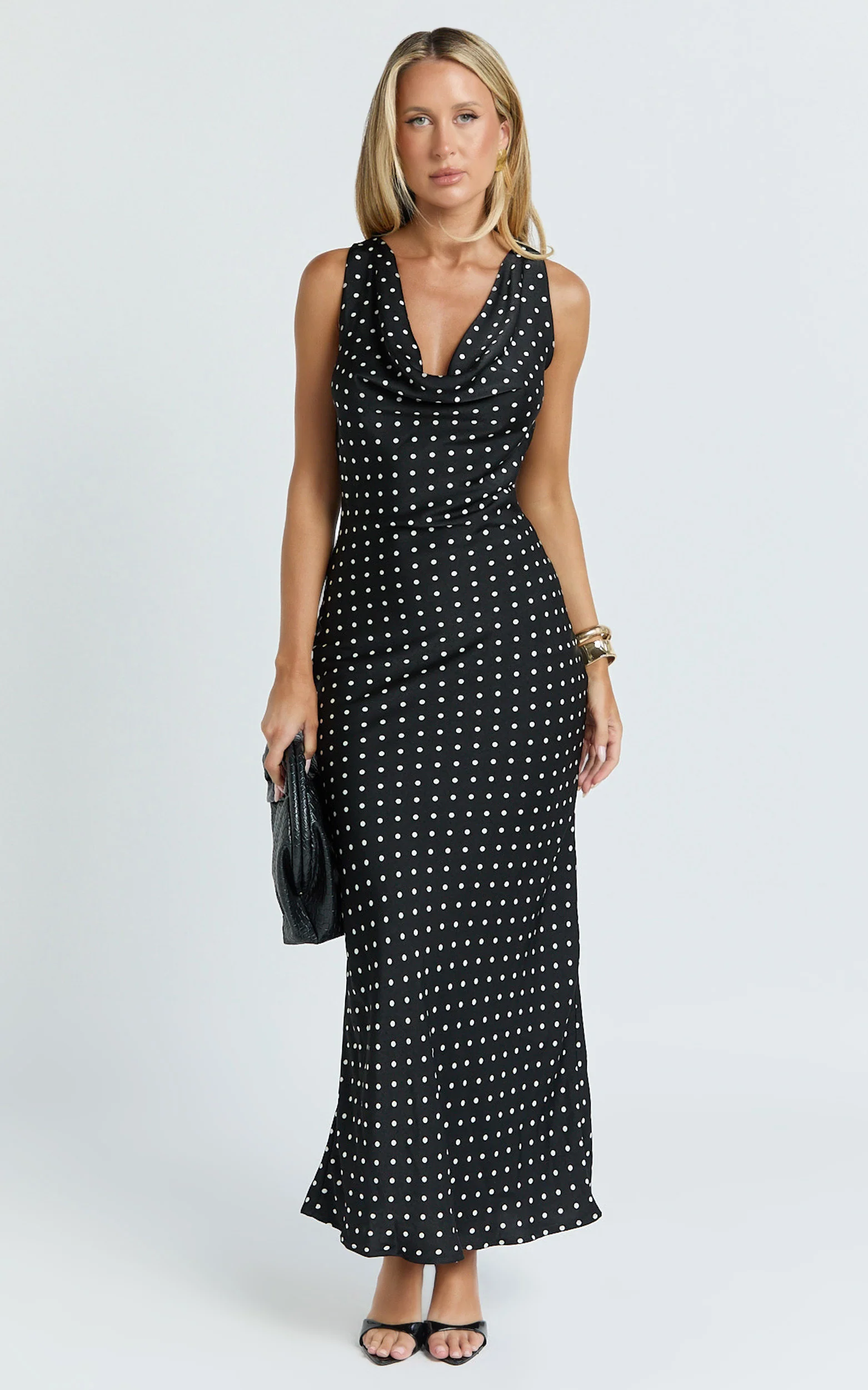 Blanca Midi Dress - Cowl Neck Bias Cut Dress in Black Polka Dot - Image 3