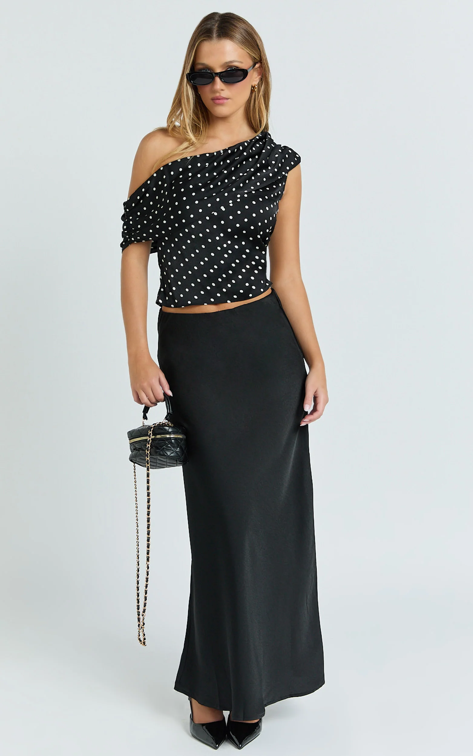 Blanca Top - One Shoulder Bias Cut Top in Black Polka Dot - Image 2