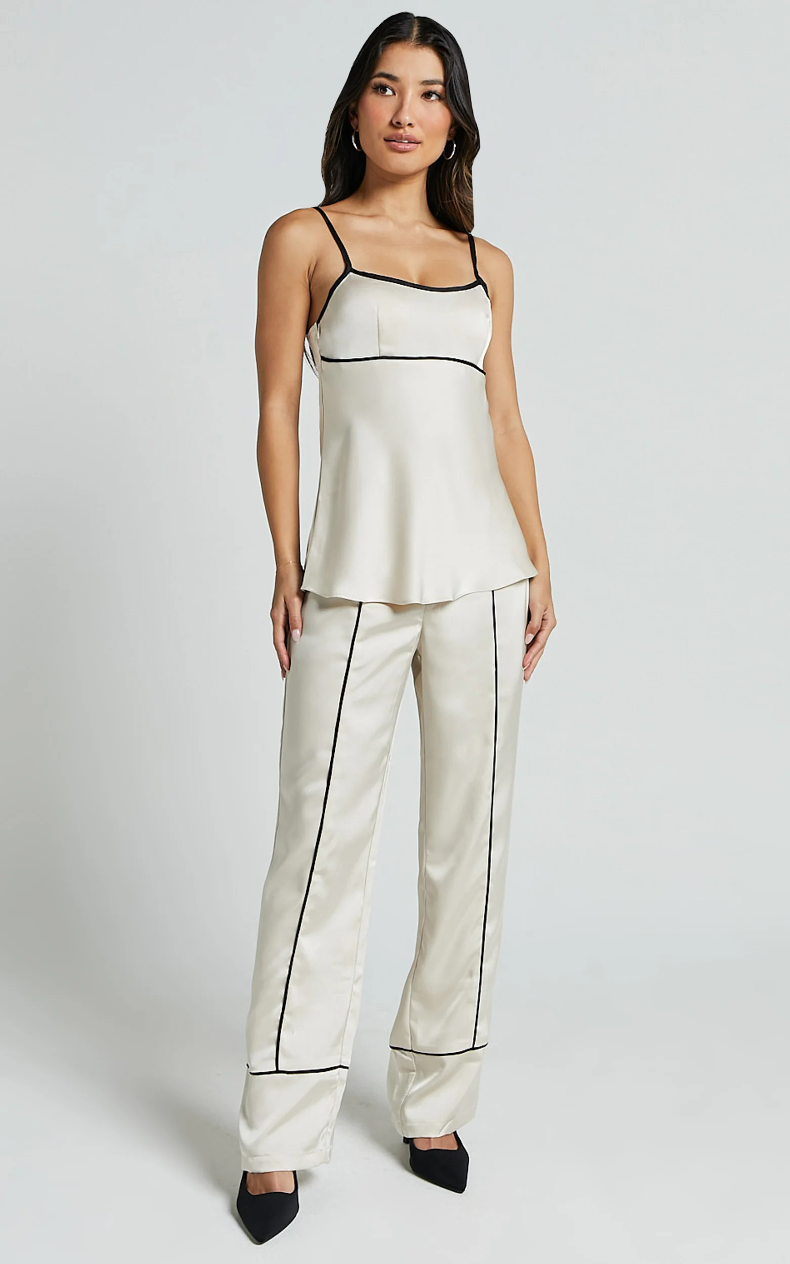 Bobbie Pants - High Waist Contrast Piping Pants in Oyster - Image 4