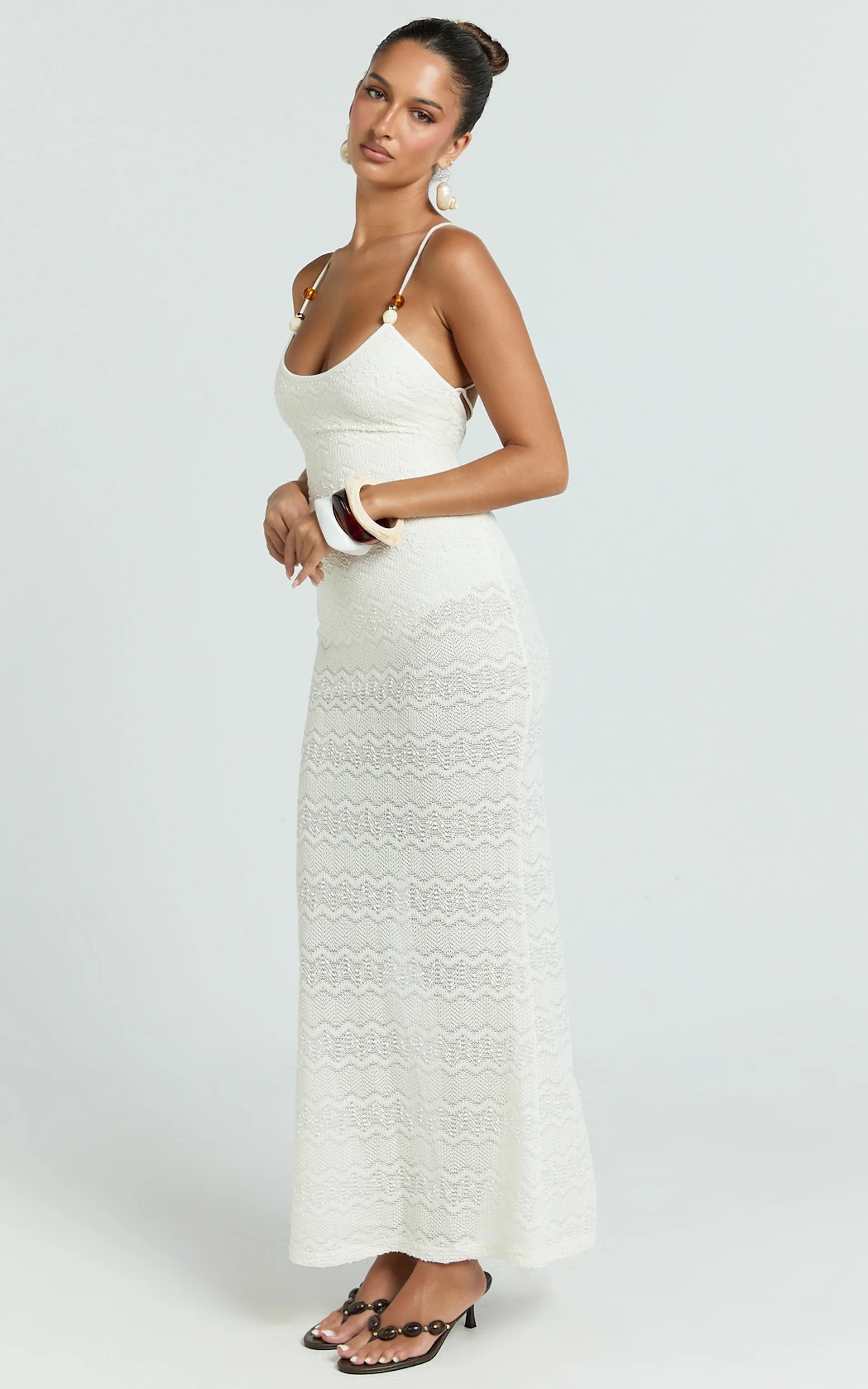 Bonnie Maxi Dress - Beaded Strap Detail Cross Tie Back Dress in Ivory - Image 5